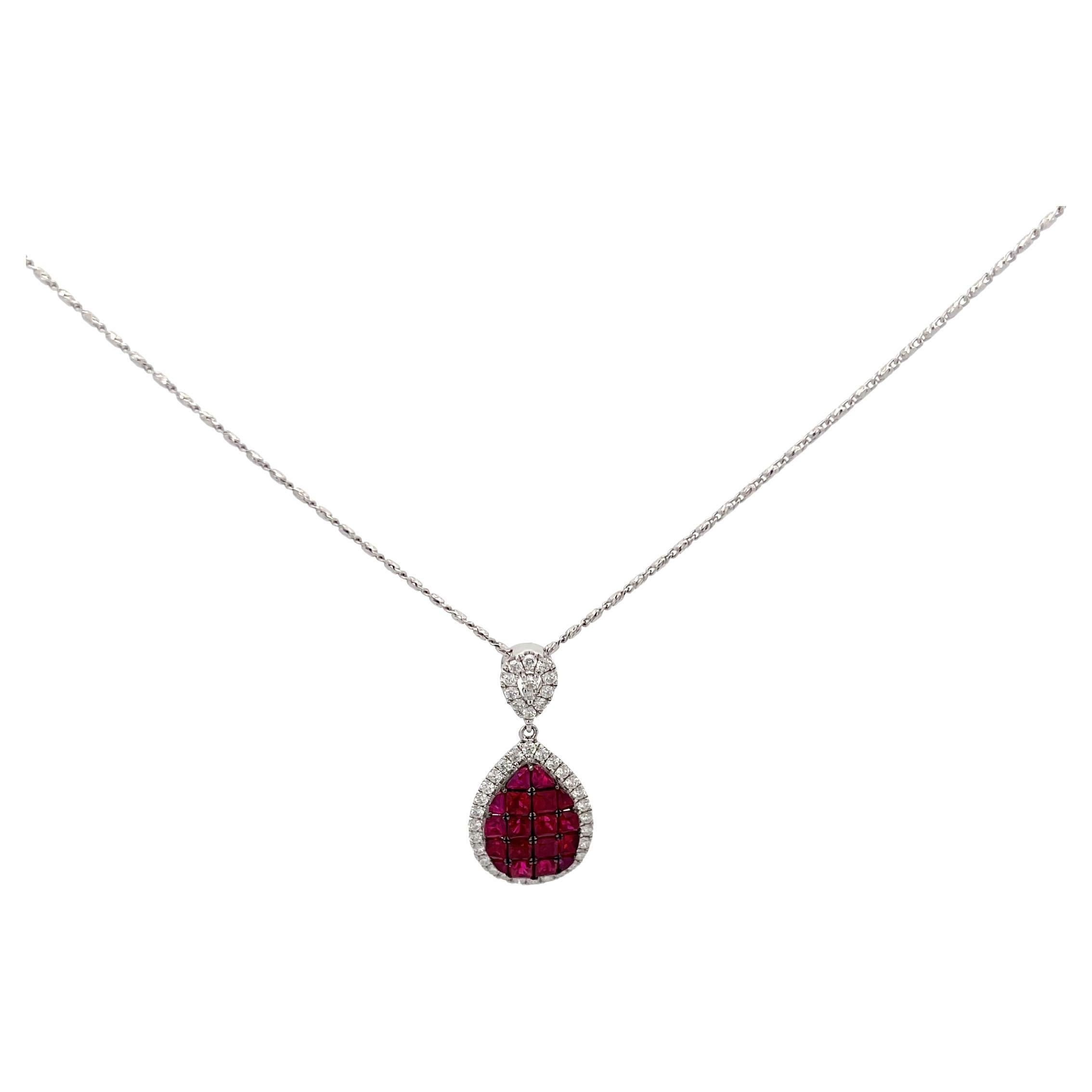 Illusion Ruby and Diamond Teardrop Pendant Necklace14k White Gold For Sale