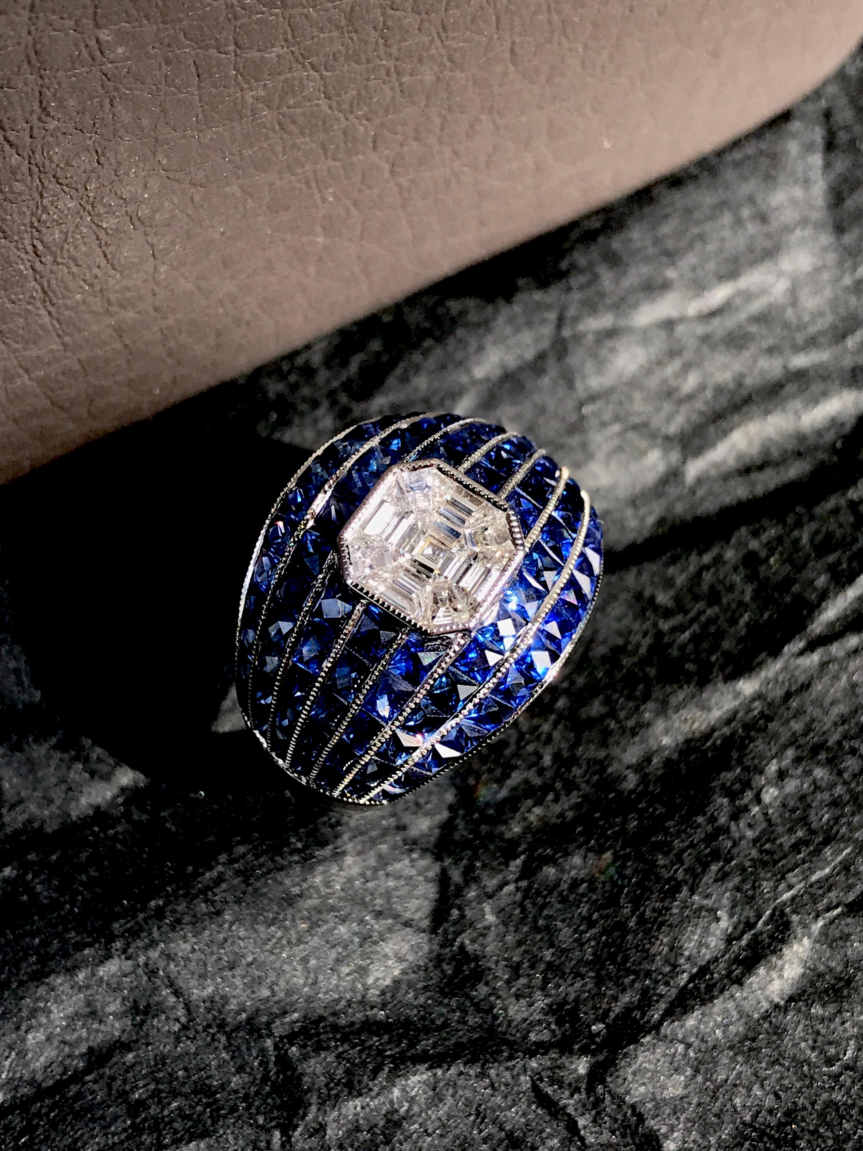 Illusion Set Asscher Cut Diamond and Blue Sapphire Bombay Ring in 18K White Gold 2
