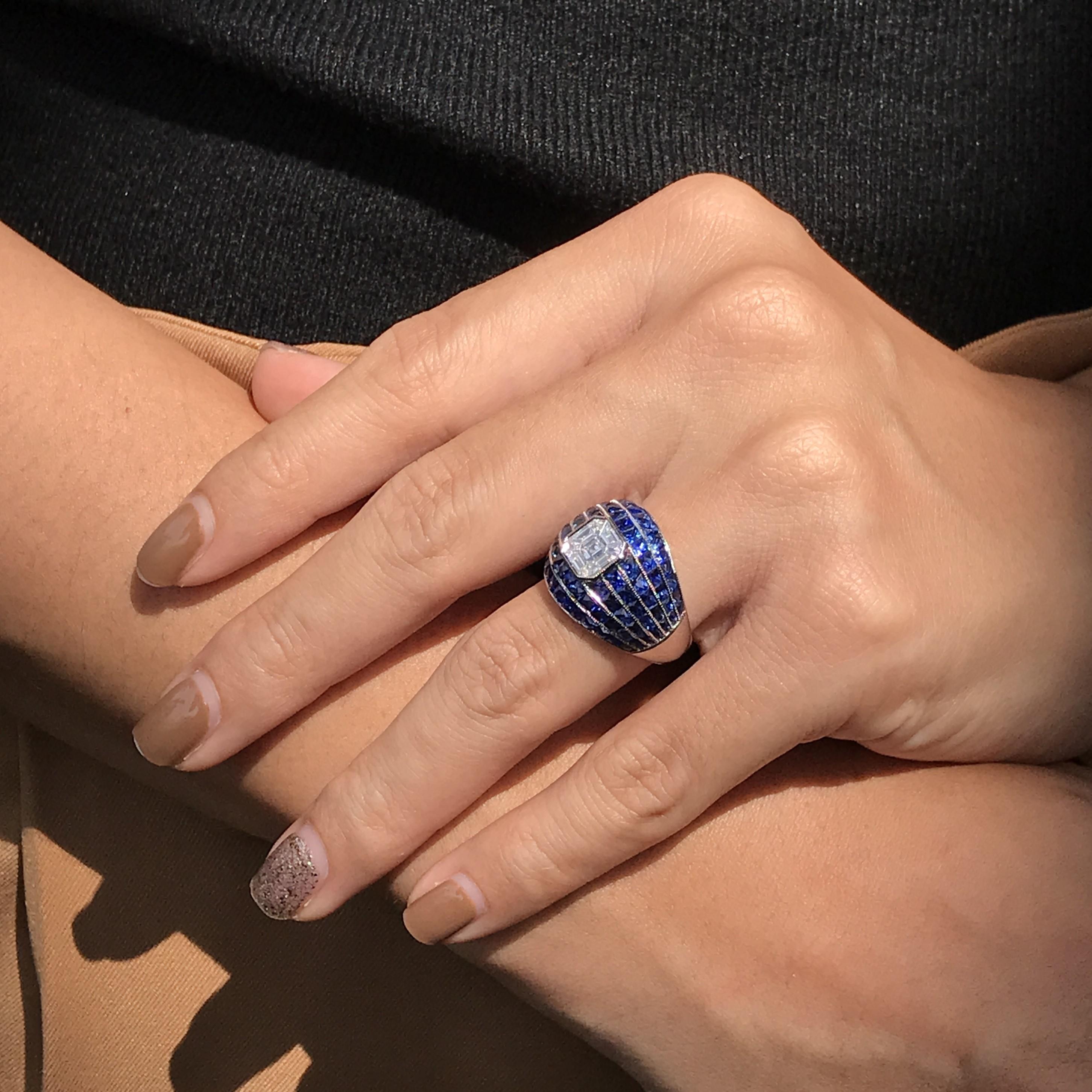 Illusion Set Asscher Cut Diamond and Blue Sapphire Bombay Ring in 18K White Gold 3