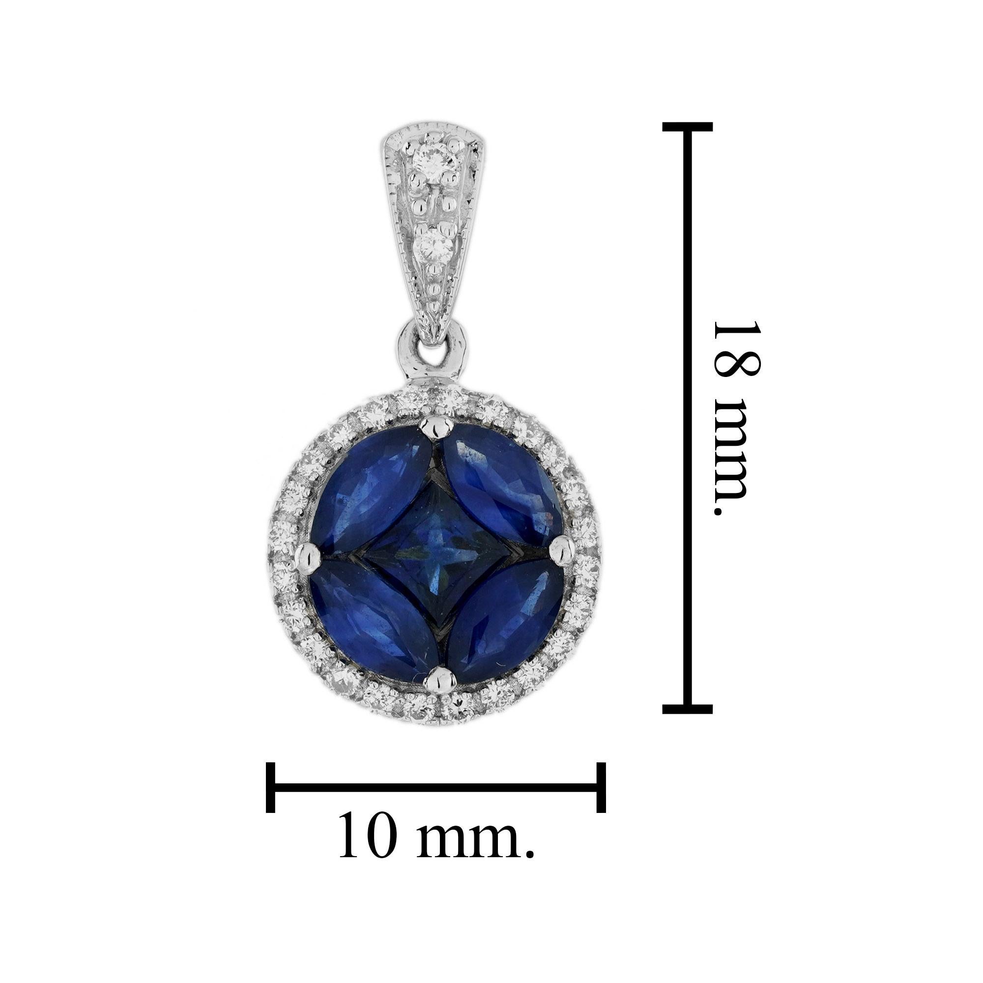 Illusion Set Blue Sapphire and Diamond Halo Pendant in 18K White Gold In New Condition In Bangkok, TH