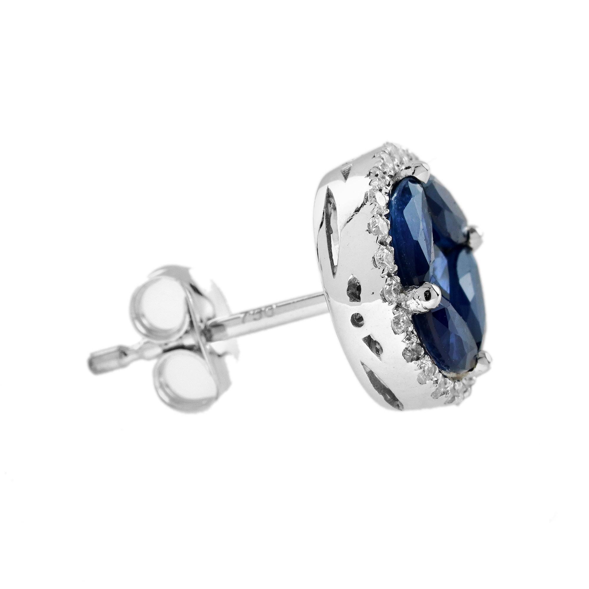 Illusion Set Blue Sapphire and Diamond Halo Stud Earrings in 18K White Gold In New Condition In Bangkok, TH