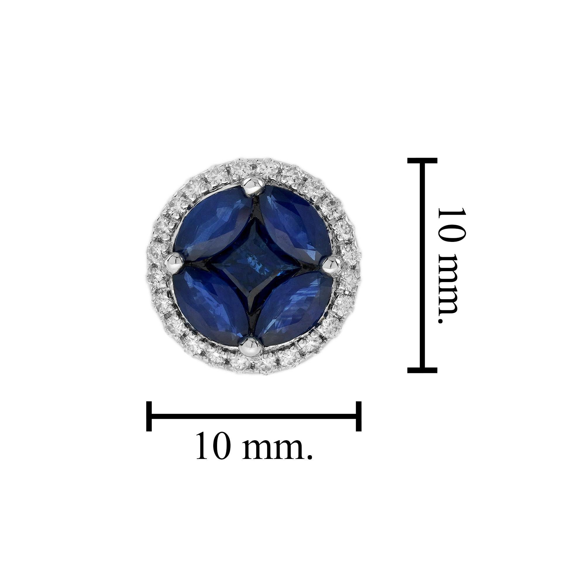 Illusion Set Blue Sapphire and Diamond Halo Stud Earrings in 18K White Gold 1