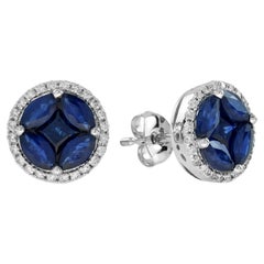 Illusion Set Blue Sapphire and Diamond Halo Stud Earrings in 18K White Gold