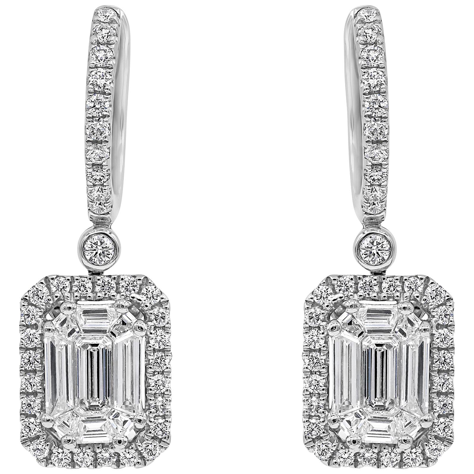 Pendants d'oreilles Roman Malakov avec halo de diamants de taille mixte de 1,22 carat au total 