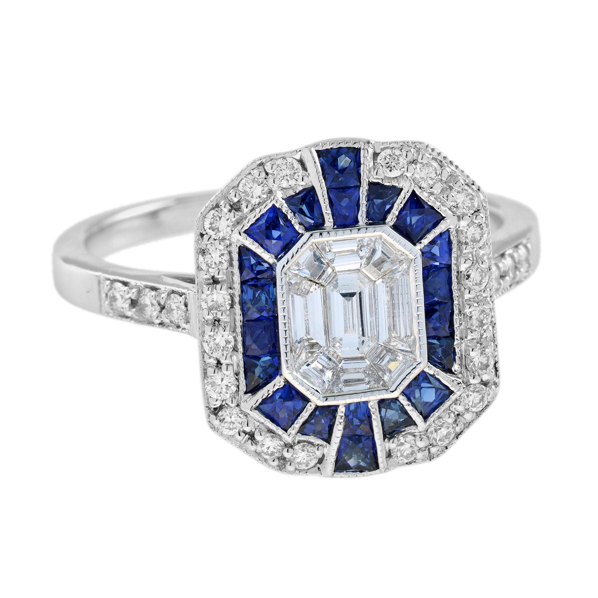 Emerald Cut Illusion Set Diamond and Blue Sapphire Art Deco Style Ring in 18K White Gold