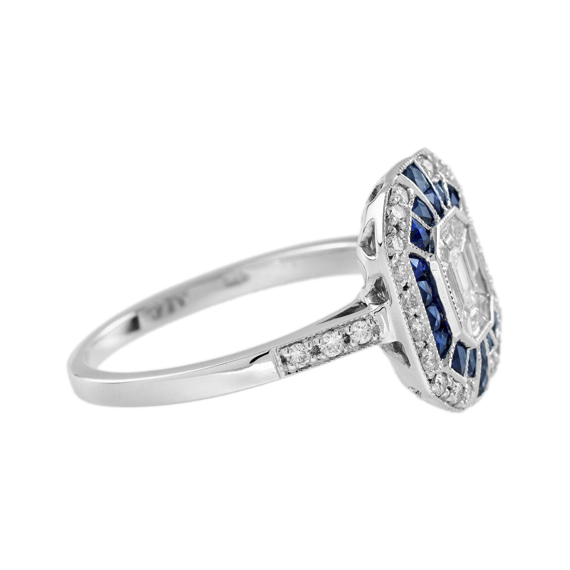Illusion Set Diamond and Blue Sapphire Art Deco Style Ring in 18K White Gold In New Condition In Bangkok, TH