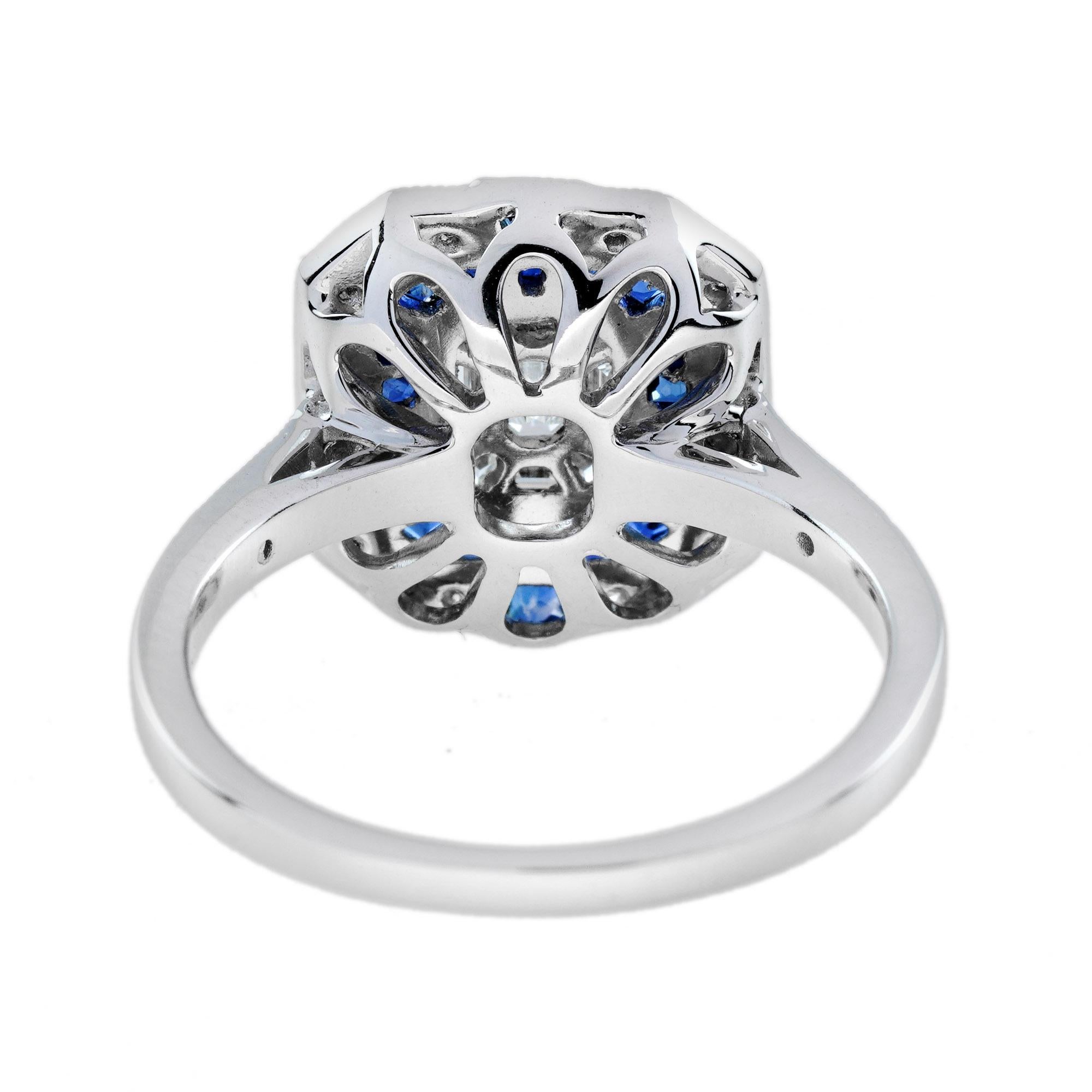 Women's Illusion Set Diamond and Blue Sapphire Art Deco Style Ring in 18K White Gold