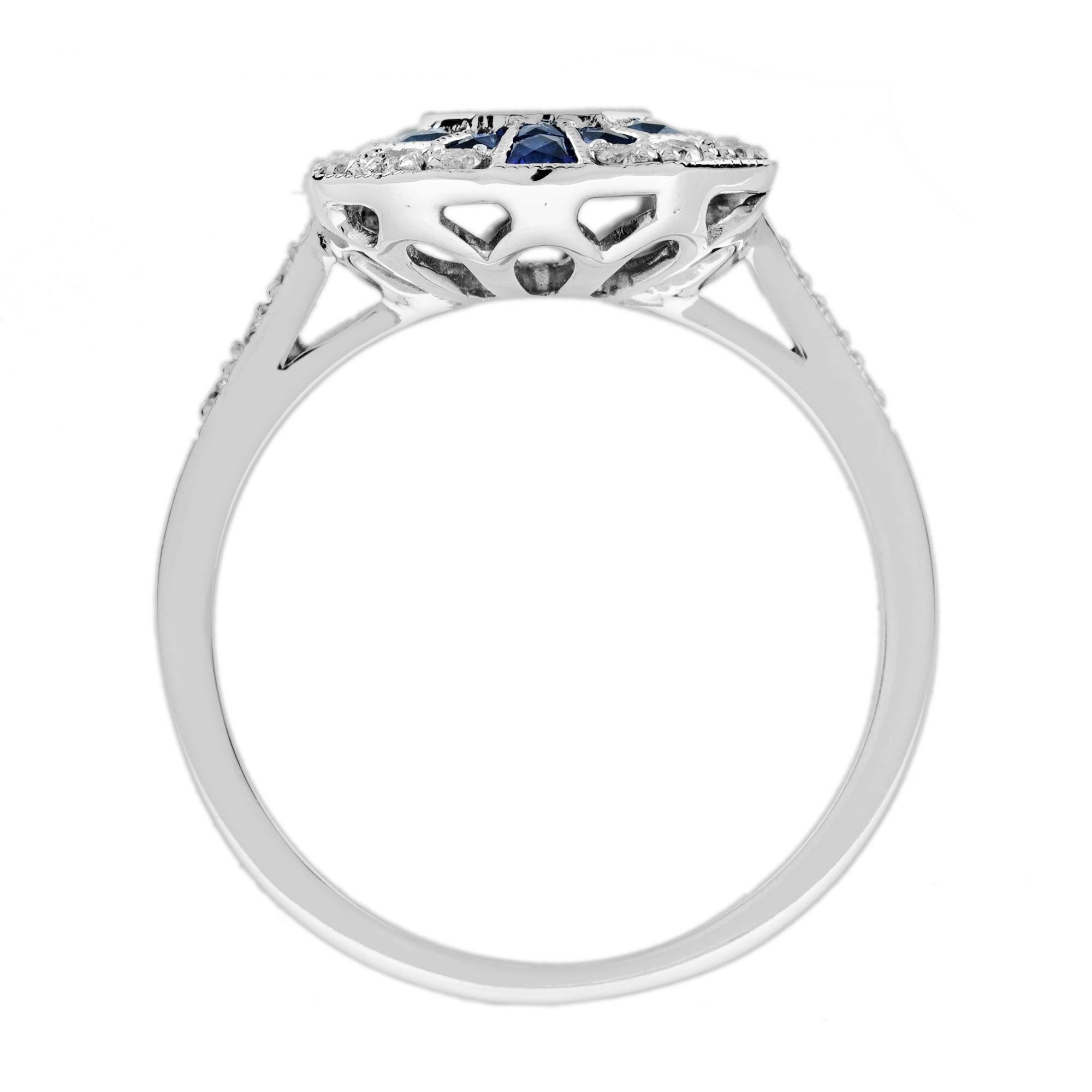 Illusion Set Diamond and Blue Sapphire Art Deco Style Ring in 18K White Gold 1