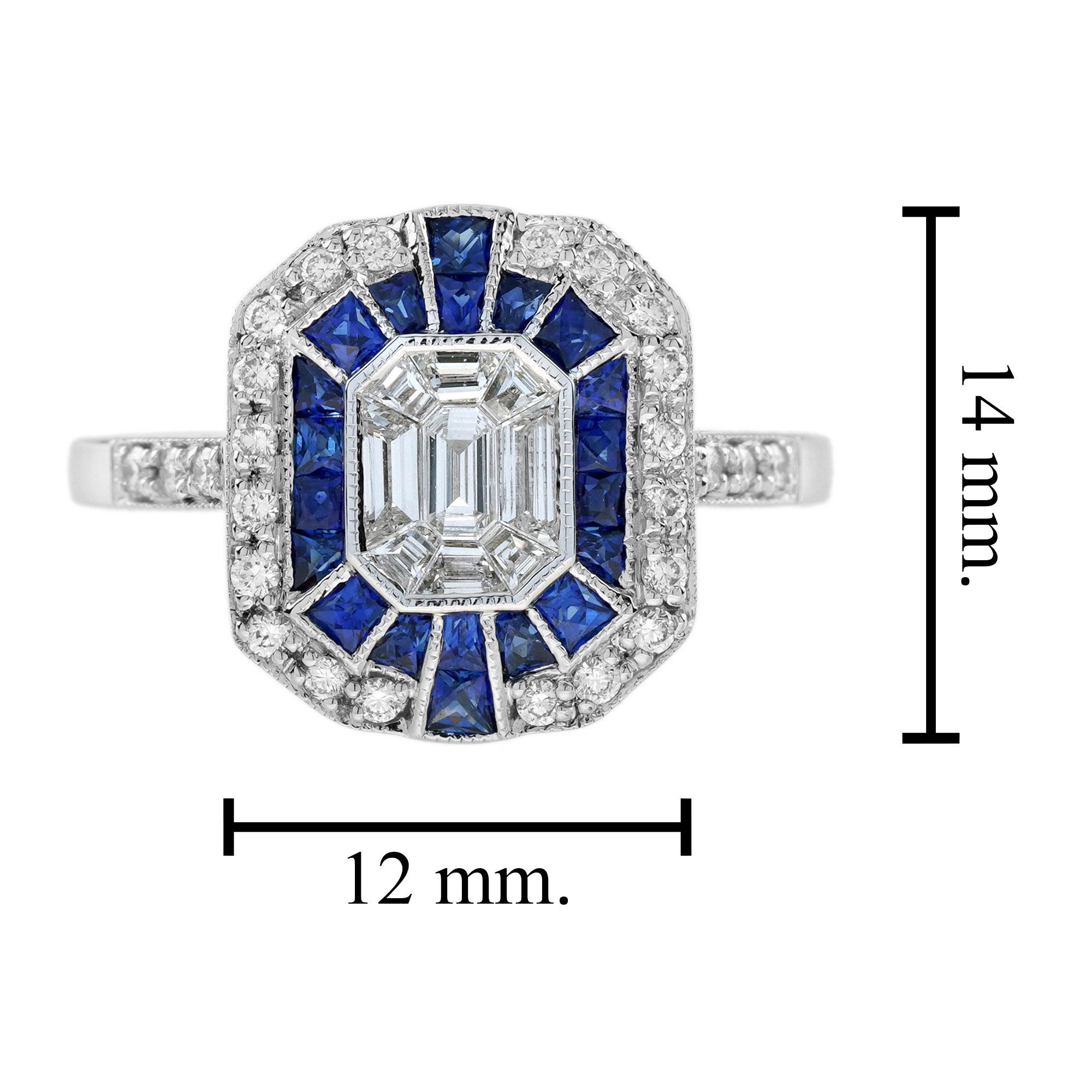 Illusion Set Diamond and Blue Sapphire Art Deco Style Ring in 18K White Gold 2