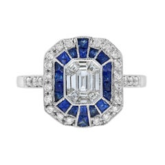 Illusion Set Diamond and Blue Sapphire Art Deco Style Ring in 18K White Gold