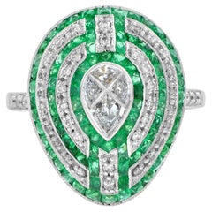 Illusion Set Diamond and Emerald Art Deco Style Ring in 18k White Gold