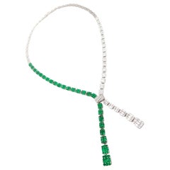 Illusion-Set Diamond and Emerald Lariat Y-Necklace in 18 Karat White Gold