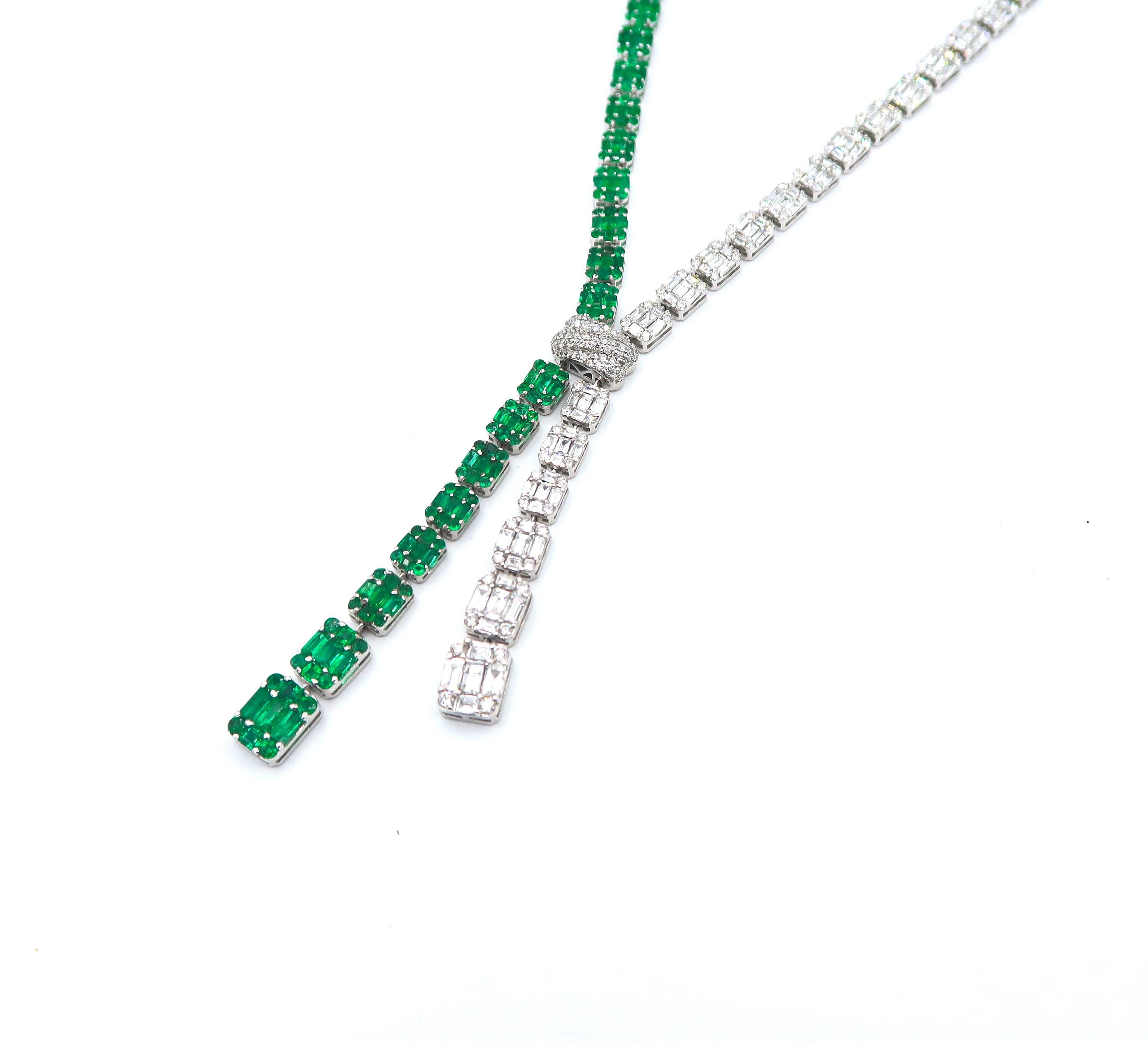 Contemporary Illusion-Set Diamond and Emerald Lariat Y-Necklace in 18 Karat White Gold