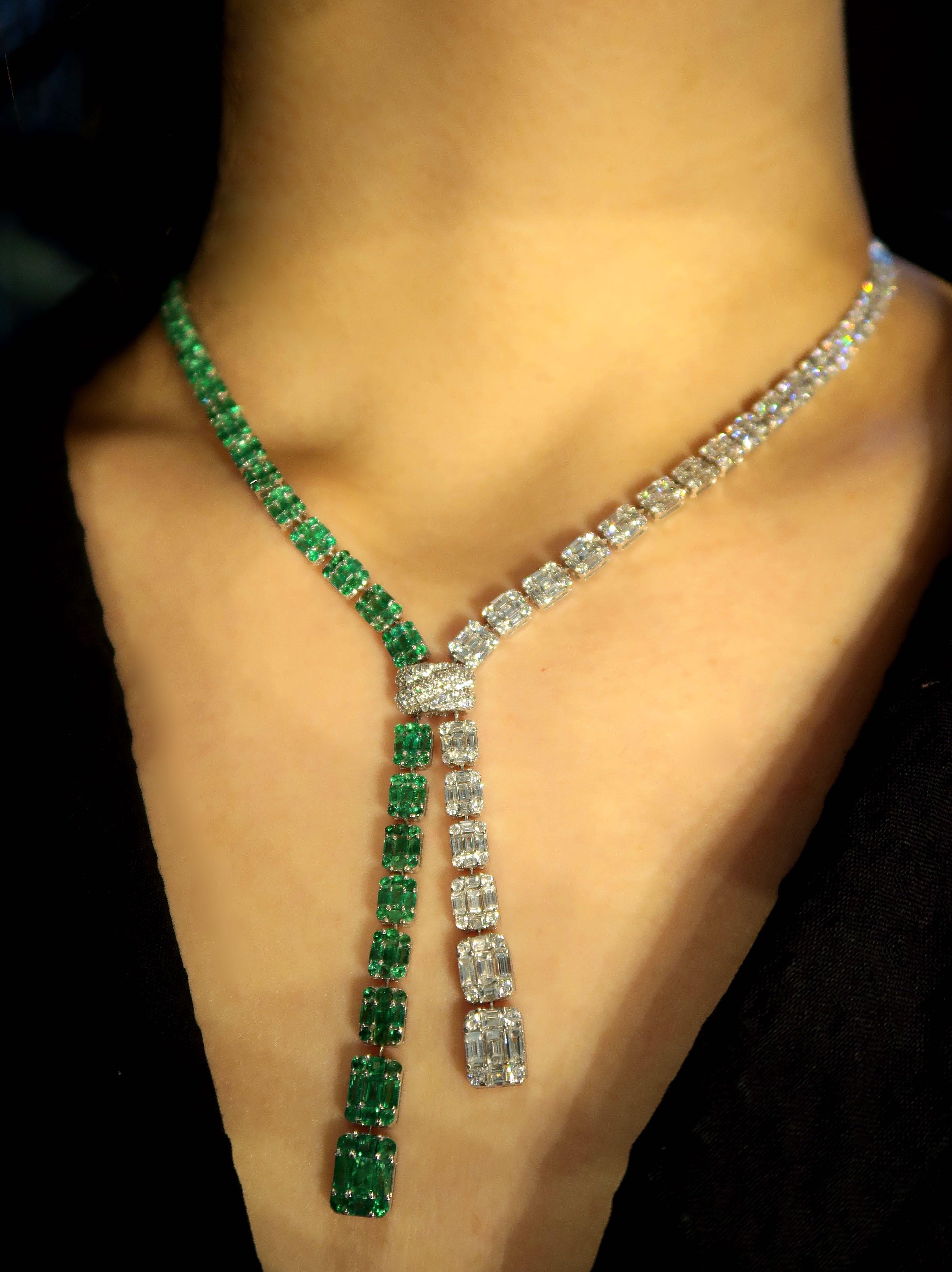 Mixed Cut Illusion-Set Diamond and Emerald Lariat Y-Necklace in 18 Karat White Gold