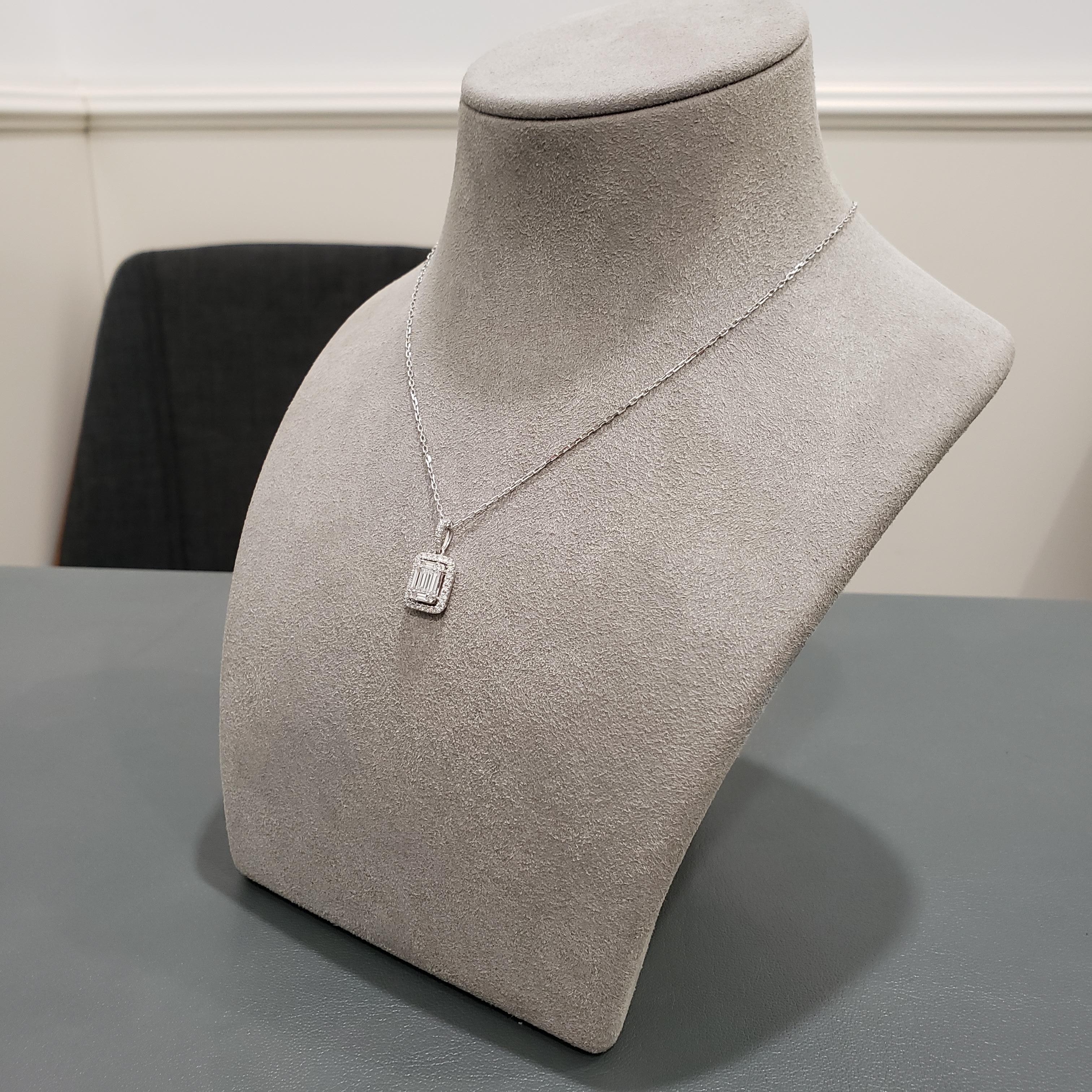 Baguette Cut Roman Malakov, Illusion Set Diamond Halo Pendant Necklace For Sale