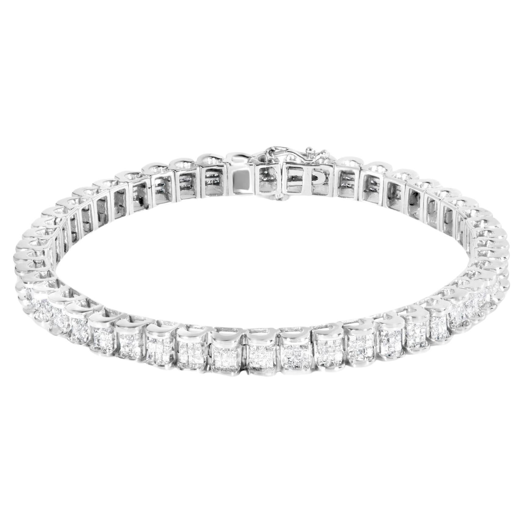 Illusion Set Diamond Tennis Bracelet Princesse 3.08 Carats 14K White Gold en vente