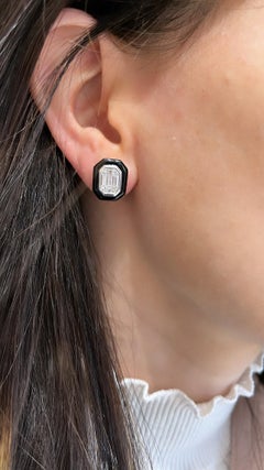 Illusion Set Emerald Cut Black Enamel Diamond Earrings, 18 Karat Gold