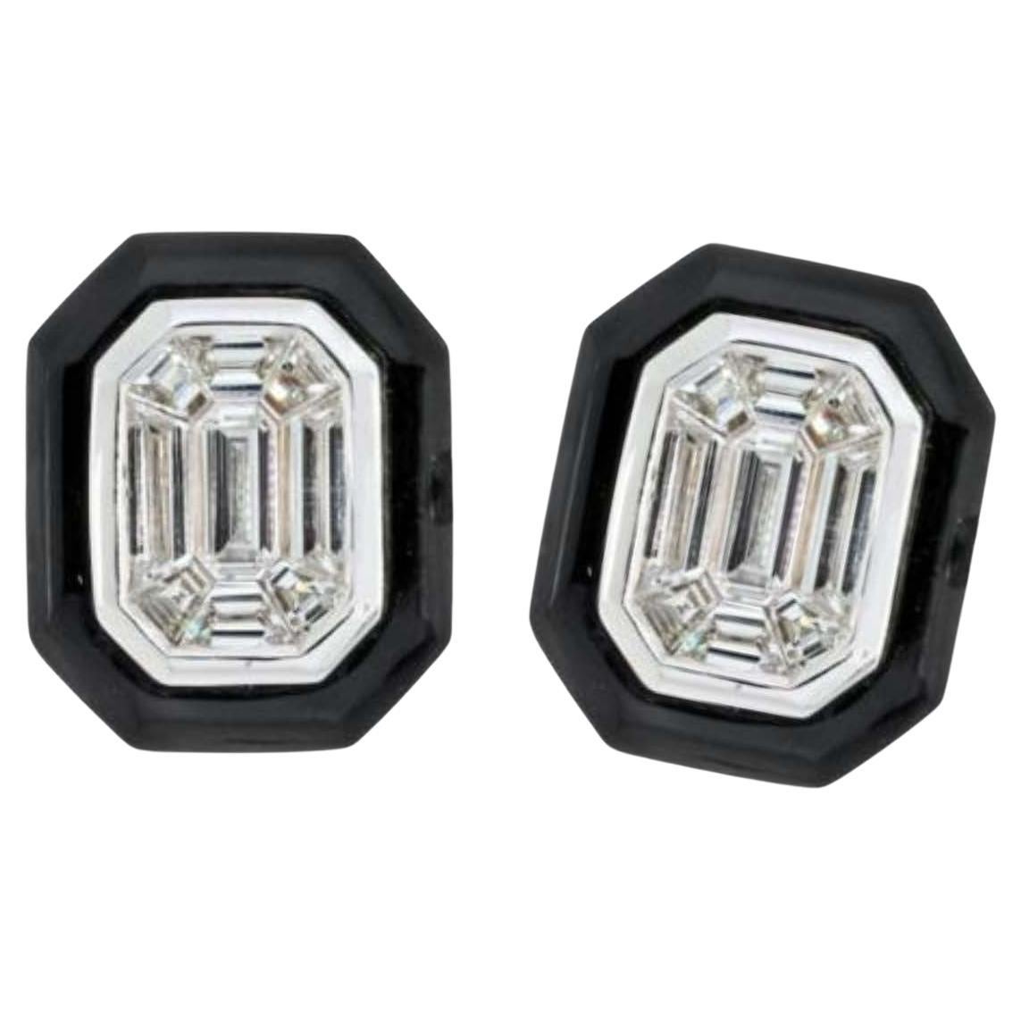 Illusion Set Emerald Cut Black Enamel Diamond Earrings, 18 Karat Gold For Sale