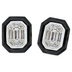 Illusion Set Emerald Cut Black Enamel Diamond Earrings, 18 Karat Gold
