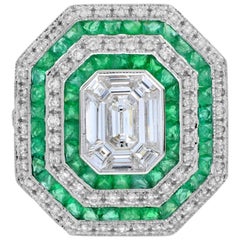 Illusion Set Emerald Cut Diamond Emerald Art Deco Style Halo Ring in 18K Gold