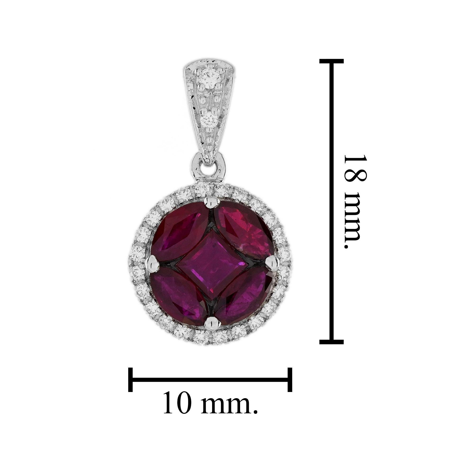 Illusion Set Rot Pink Rubin & Diamant Halo 18K Weißgold Anhänger (Rundschliff) im Angebot
