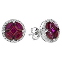 Illusion Set Ruby and Diamond Halo Stud Earrings in 18K White Gold