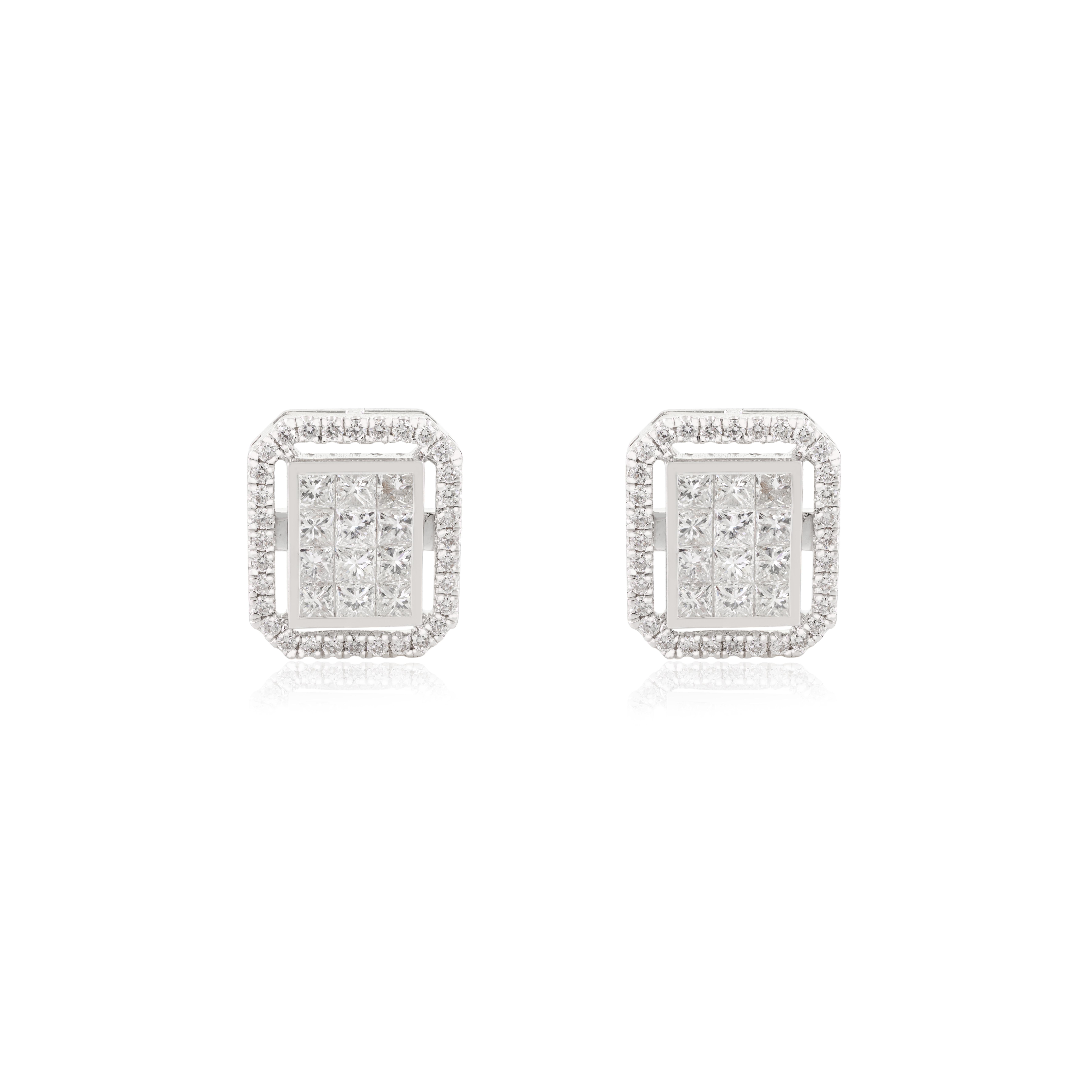Moderno Orecchini a perno con diamanti scintillanti Illusion Set da donna in oro bianco 18 carati in vendita