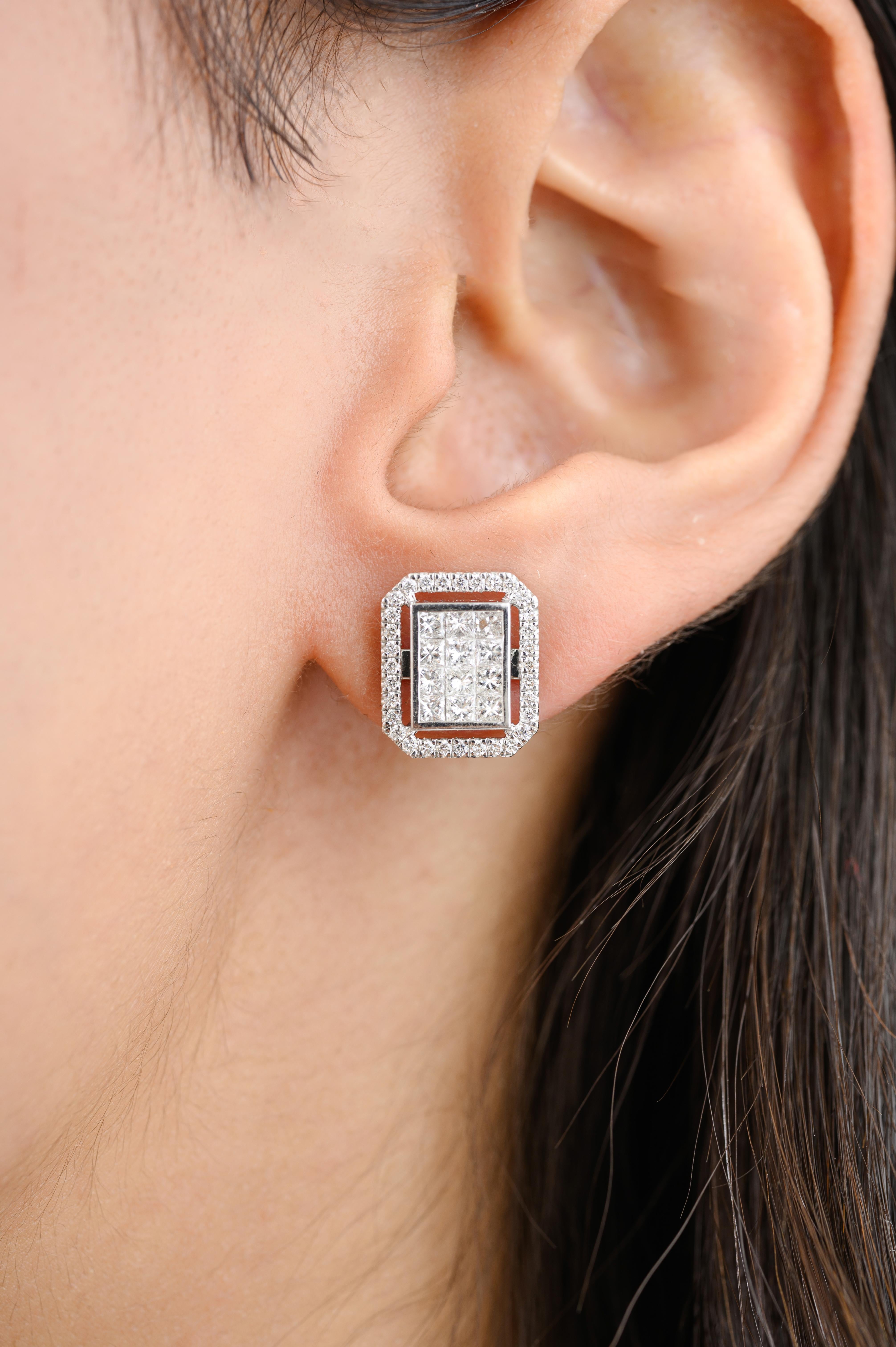 Taglio misto Orecchini a perno con diamanti scintillanti Illusion Set da donna in oro bianco 18 carati in vendita