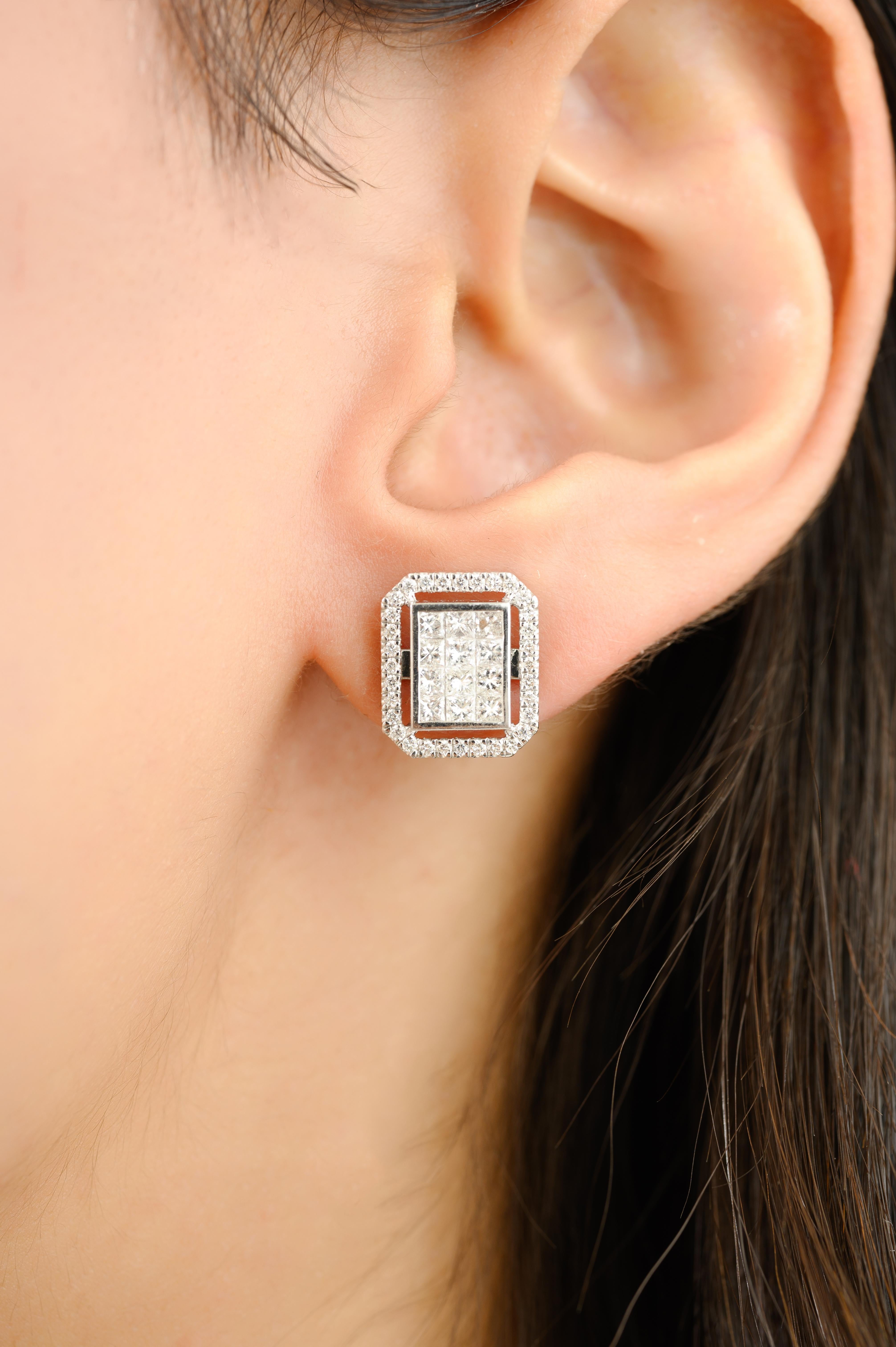 Donna Orecchini a perno con diamanti scintillanti Illusion Set da donna in oro bianco 18 carati in vendita