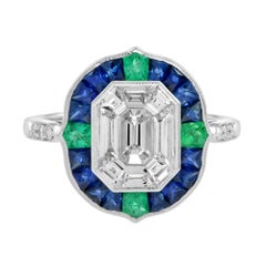 Illusion Setting Diamond & Blue Sapphire Emerald Art Deco Style White Gold Ring