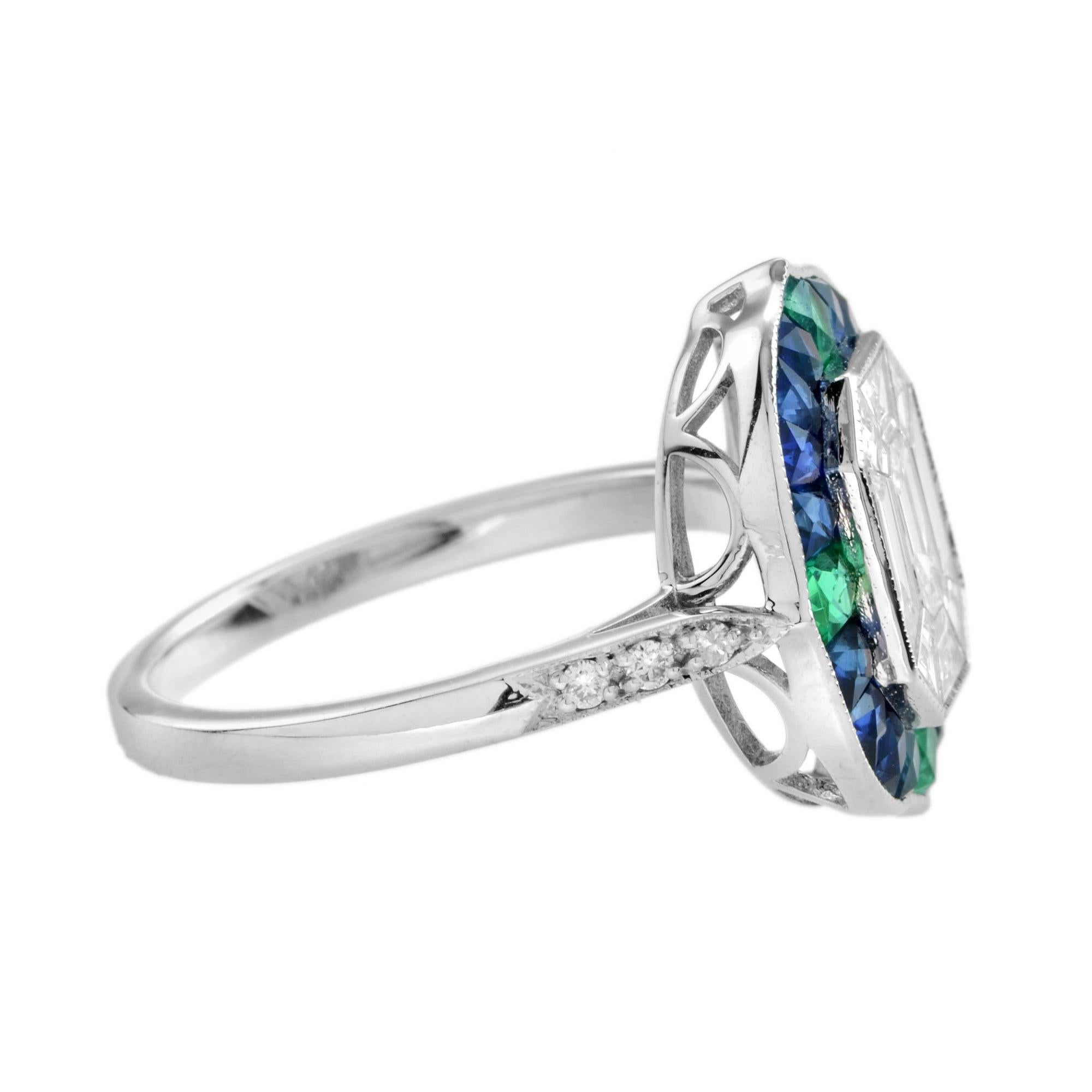 Art déco Bague en or blanc sertie de diamants et de saphirs bleus Emeraude de style Art Déco en vente