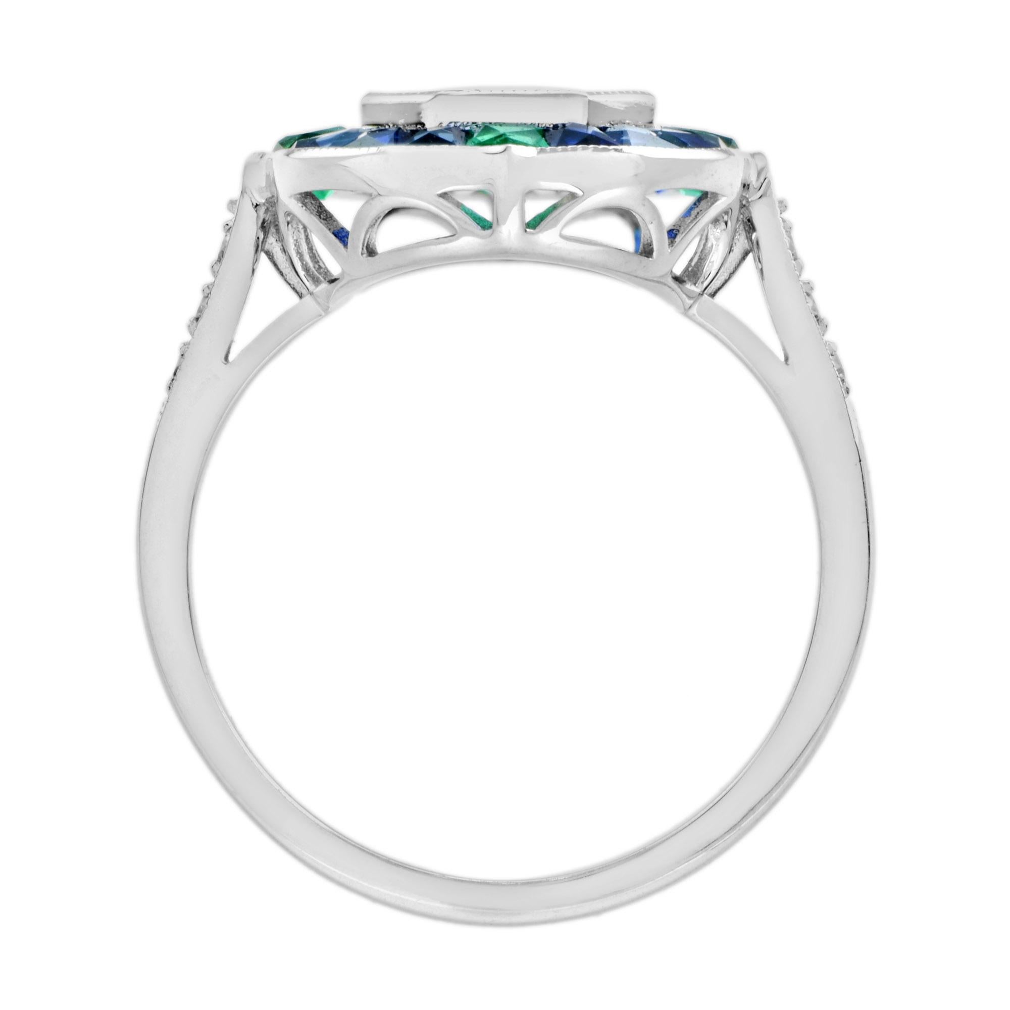 Bague en or blanc sertie de diamants et de saphirs bleus Emeraude de style Art Déco Neuf - En vente à Oakton, VA
