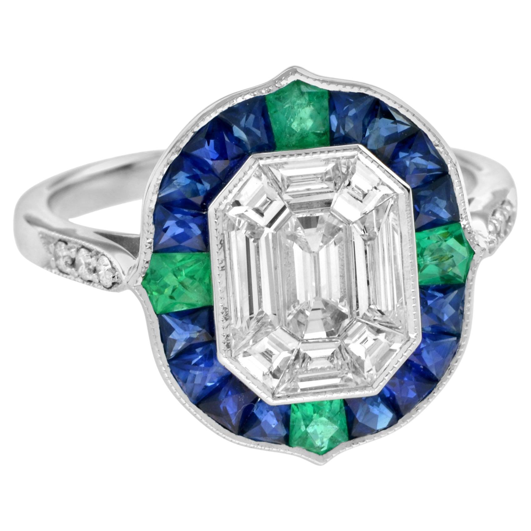 Illusion Setting Diamond & Blue Sapphire Emerald Art Deco Style White Gold Ring
