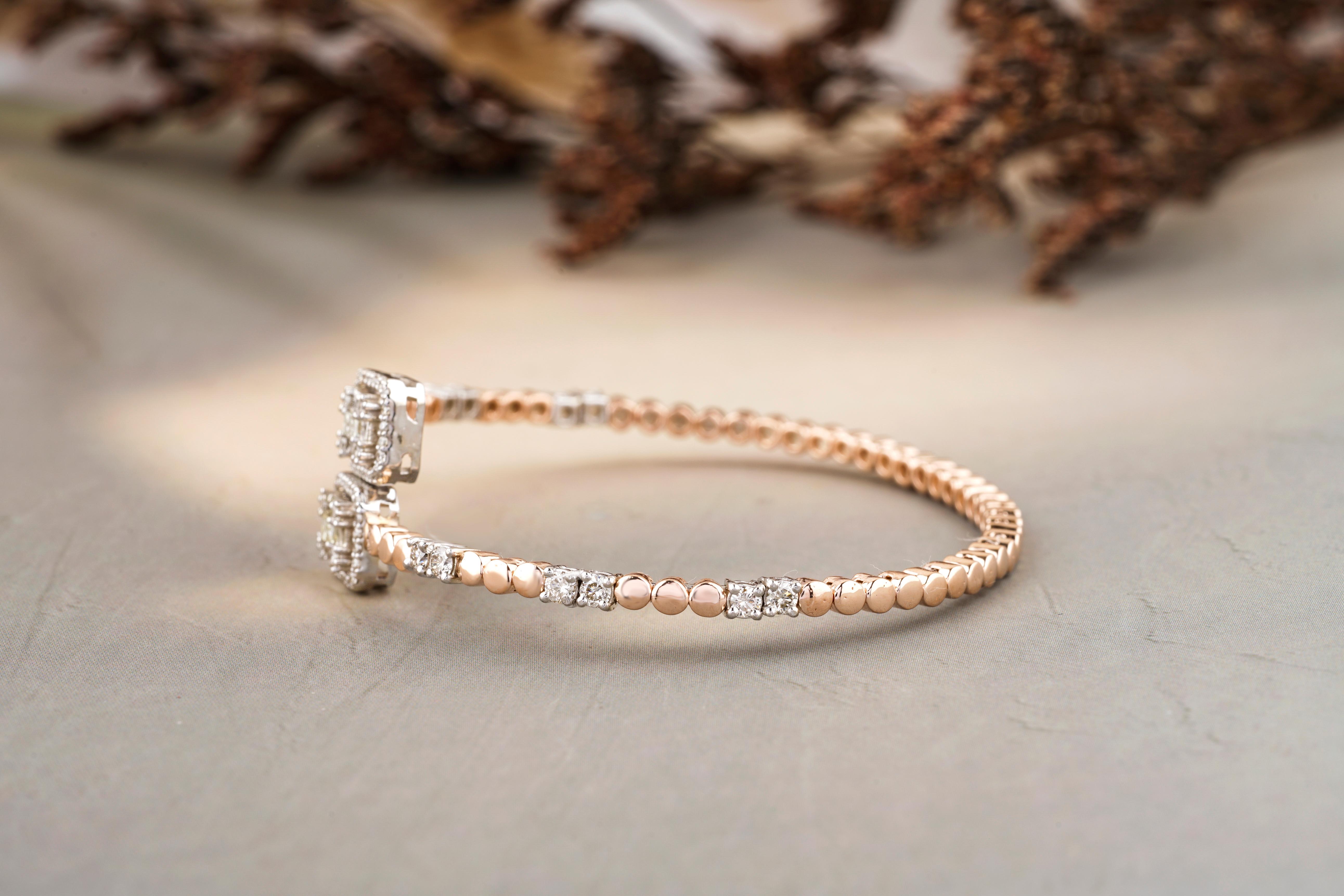 Baguette Cut Illusion Setting Diamond Bracelet With Bubble Design Cuff in 18k Solid Gold For Sale