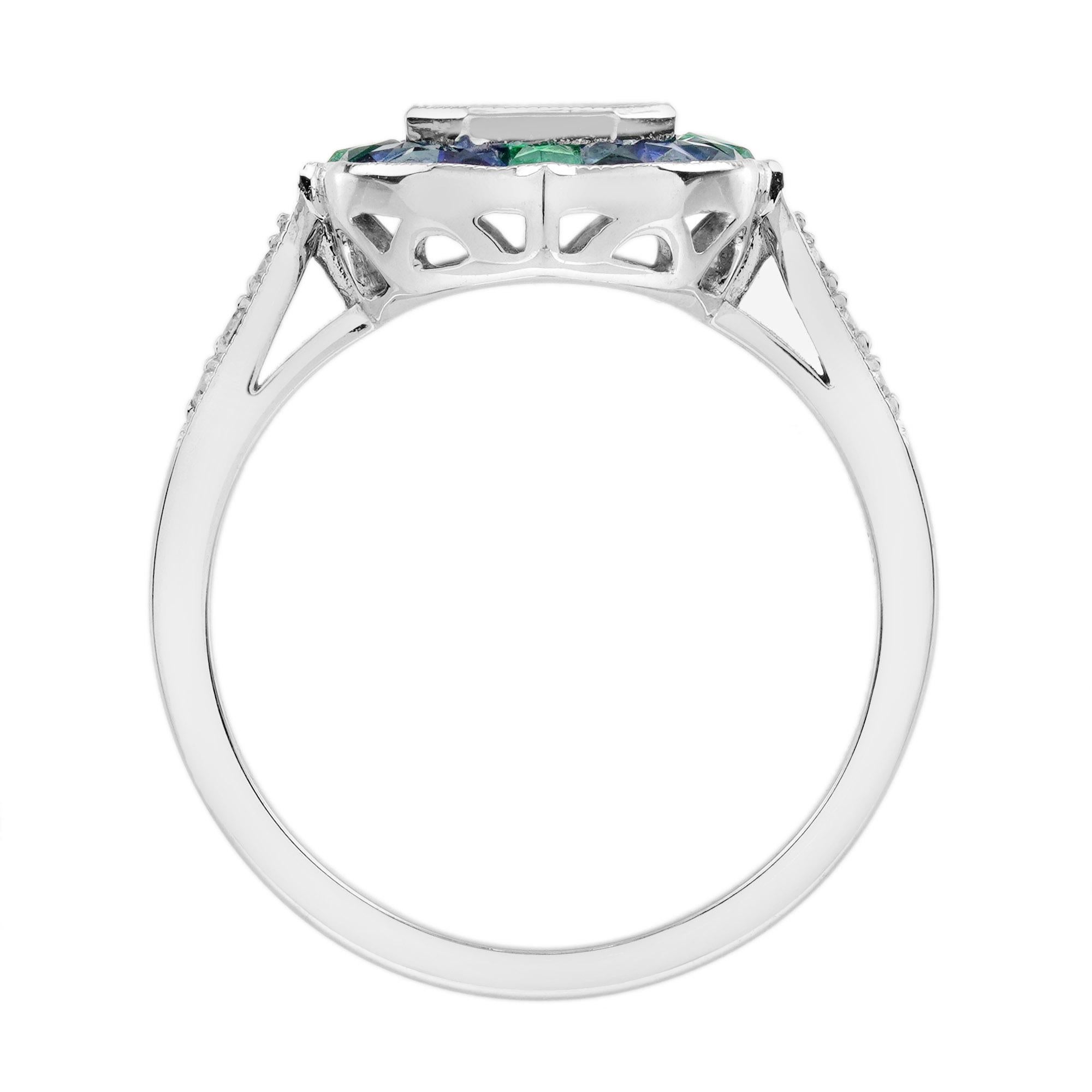 Illusion Setting Diamond Emerald Sapphire Engagement Ring in 18k White Gold For Sale 4