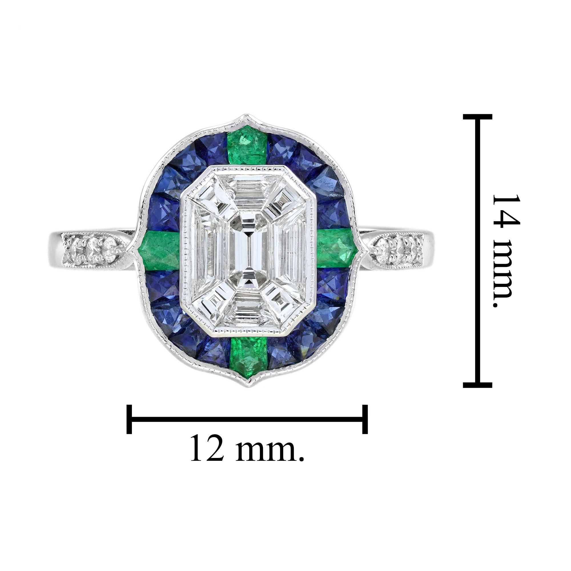 Illusion Setting Diamond Emerald Sapphire Engagement Ring in 18k White Gold For Sale 5