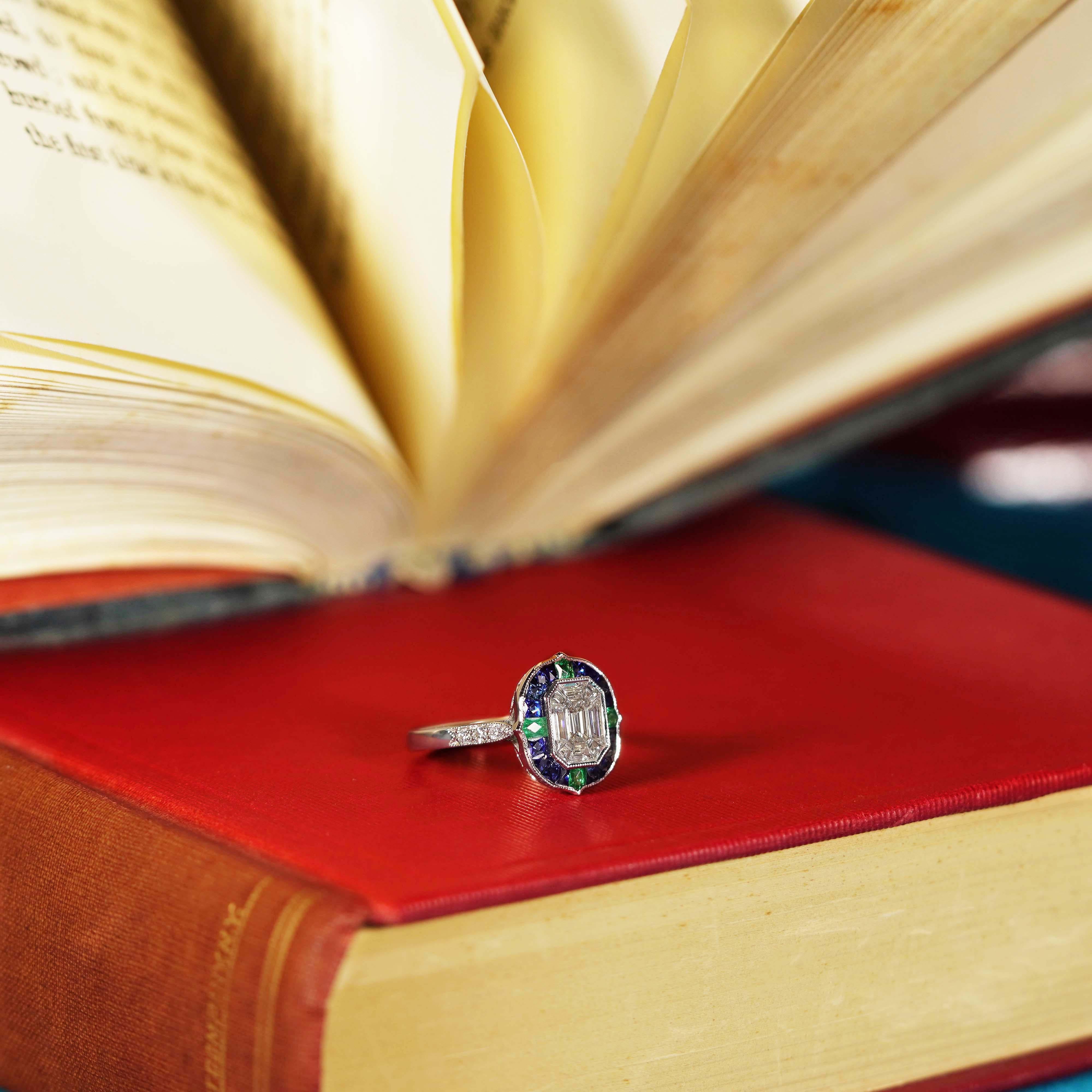 Art Deco Illusion Setting Diamond Emerald Sapphire Engagement Ring in 18k White Gold For Sale