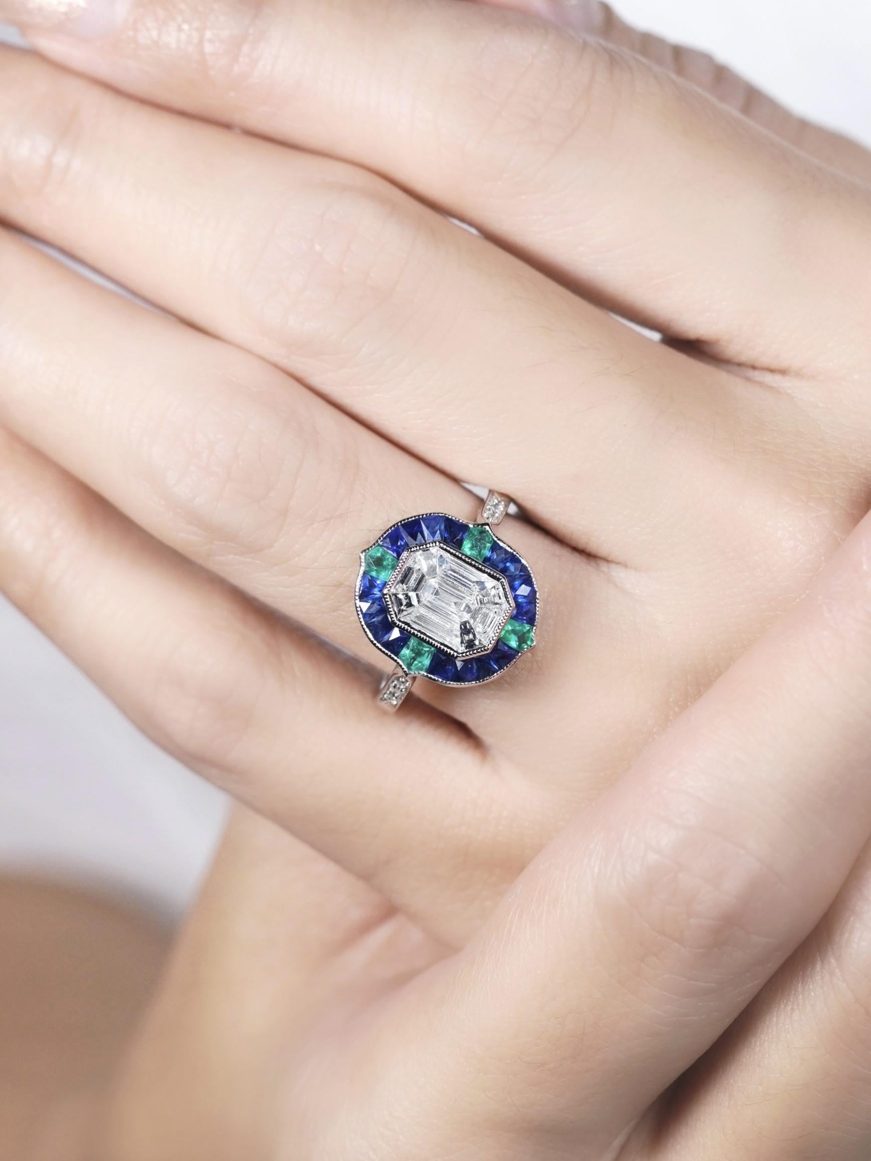 Art Deco Illusion Setting Diamond Emerald Sapphire Engagement Ring in 18k White Gold For Sale