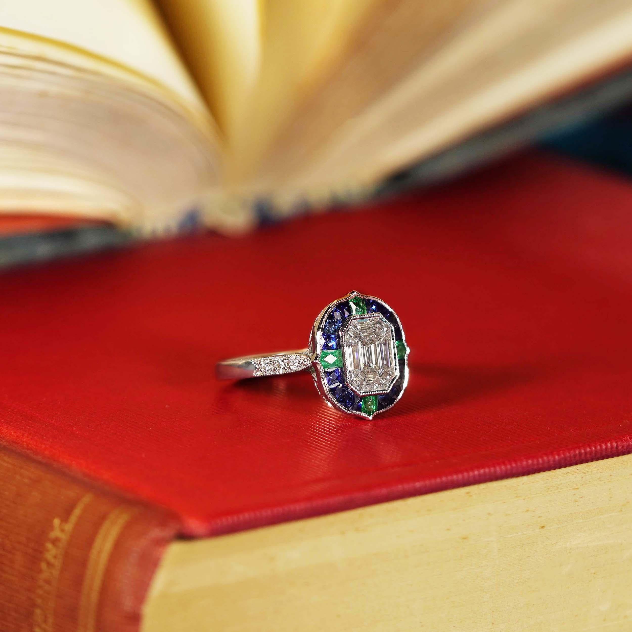 Emerald Cut Illusion Setting Diamond Emerald Sapphire Engagement Ring in 18k White Gold For Sale
