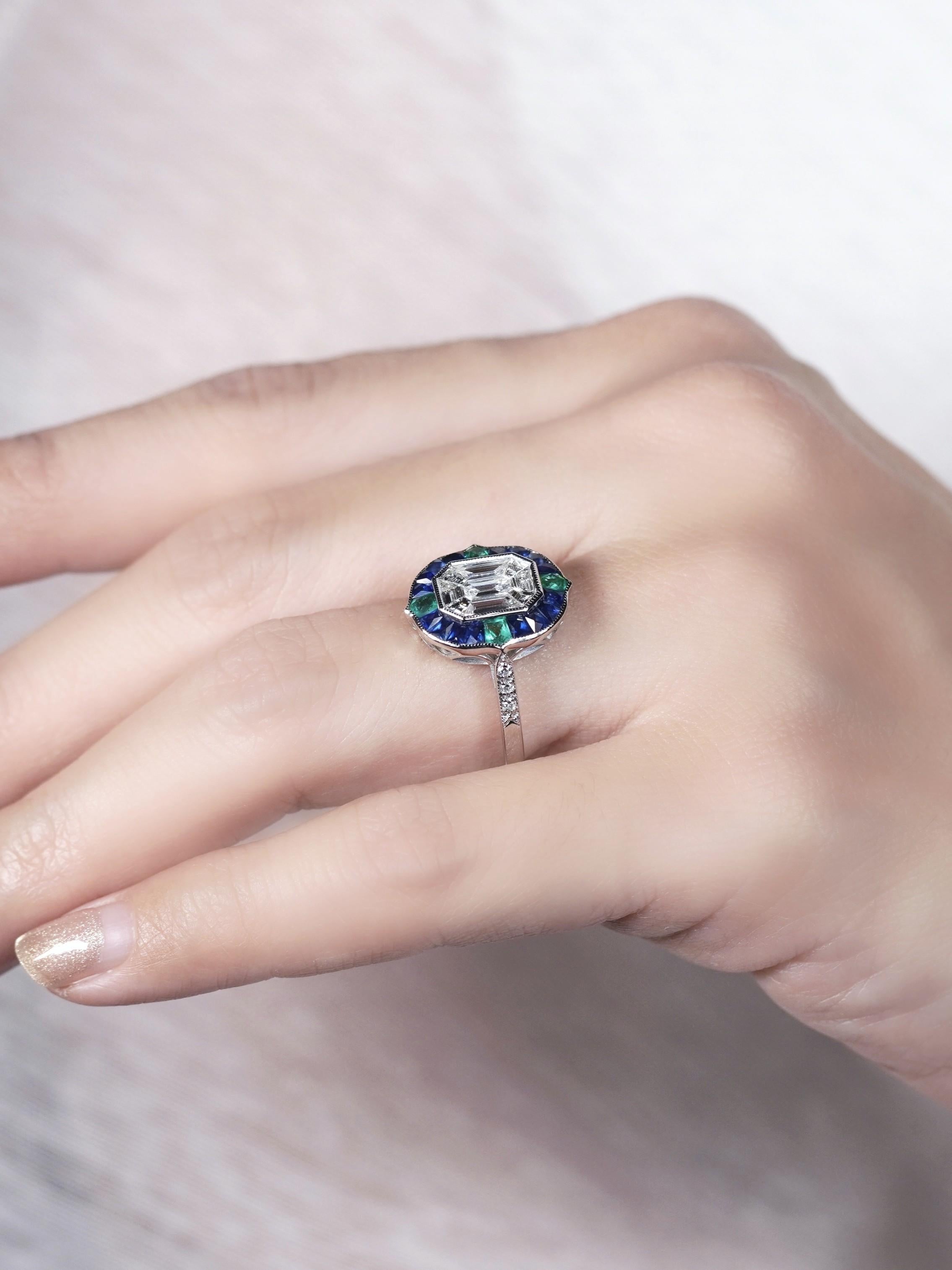 Emerald Cut Illusion Setting Diamond Emerald Sapphire Engagement Ring in 18k White Gold For Sale