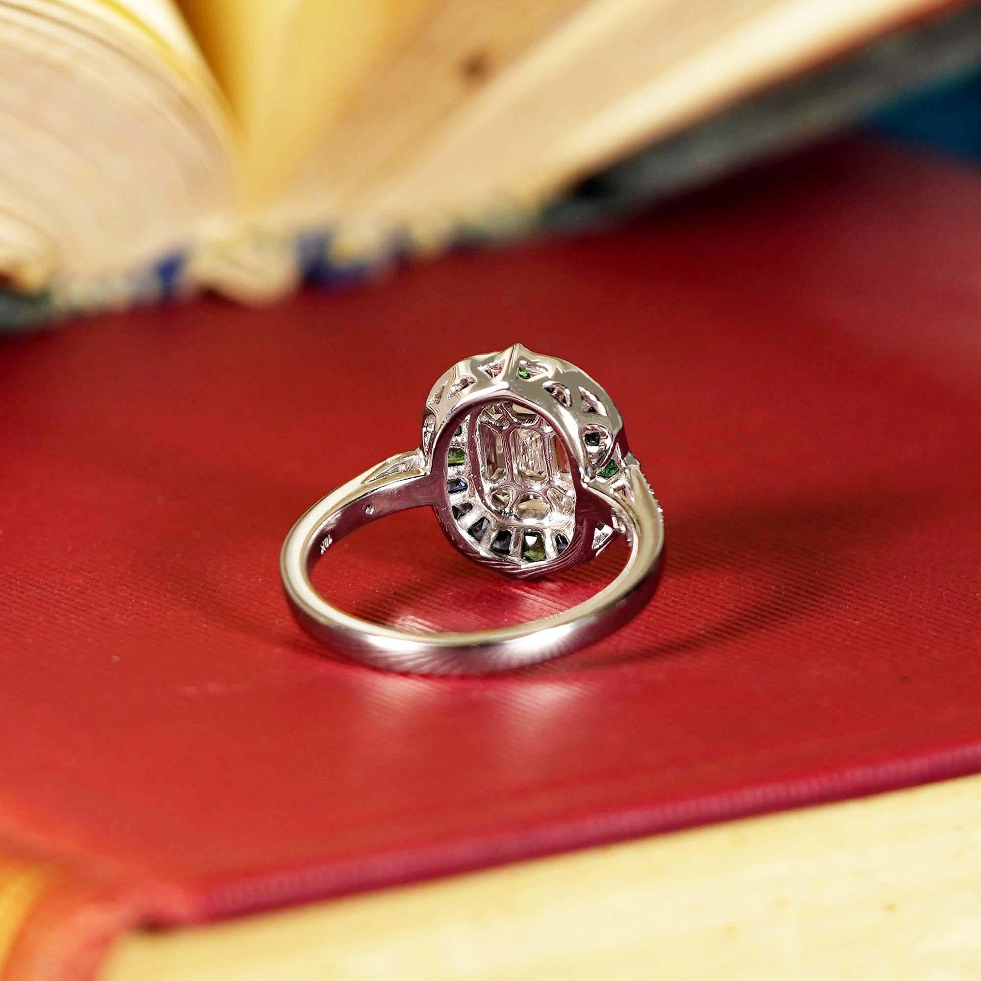 Women's Illusion Setting Diamond Emerald Sapphire Engagement Ring in 18k White Gold For Sale