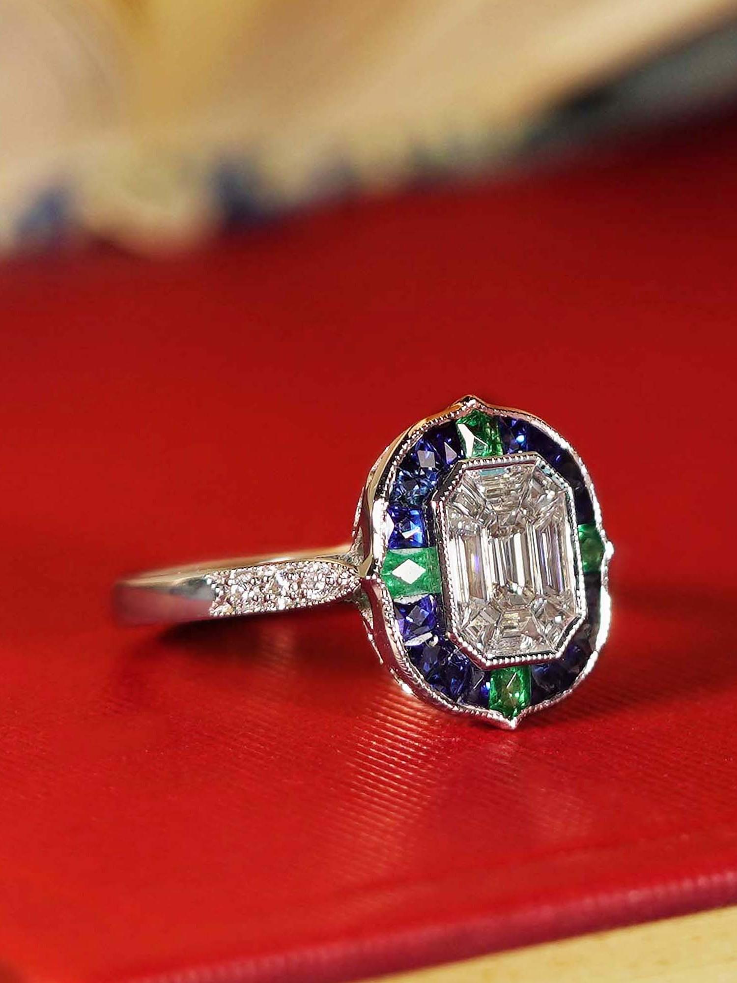Women's Illusion Setting Diamond Emerald Sapphire Engagement Ring in 18k White Gold For Sale