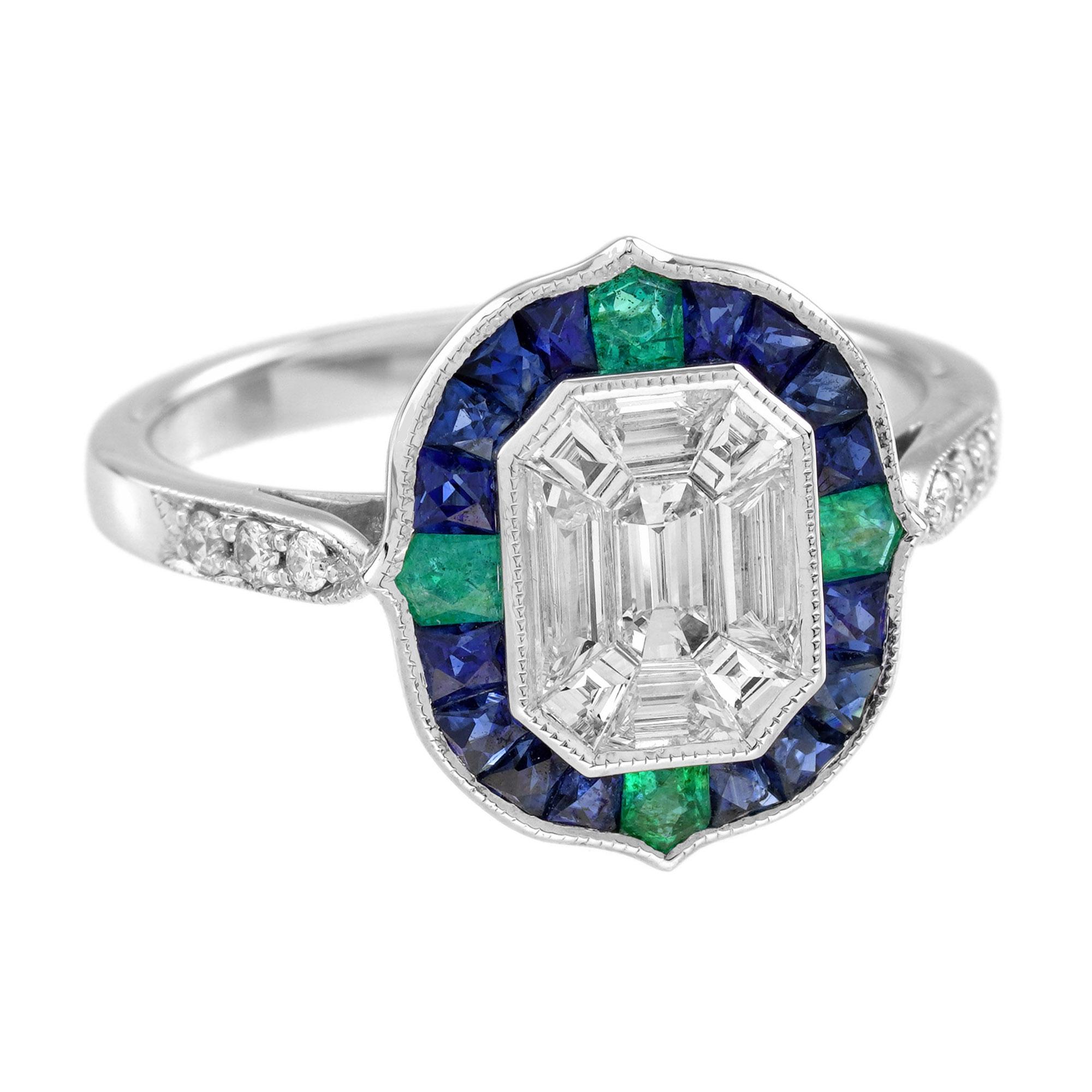 Illusion Setting Diamond Emerald Sapphire Engagement Ring in 18k White Gold For Sale 1