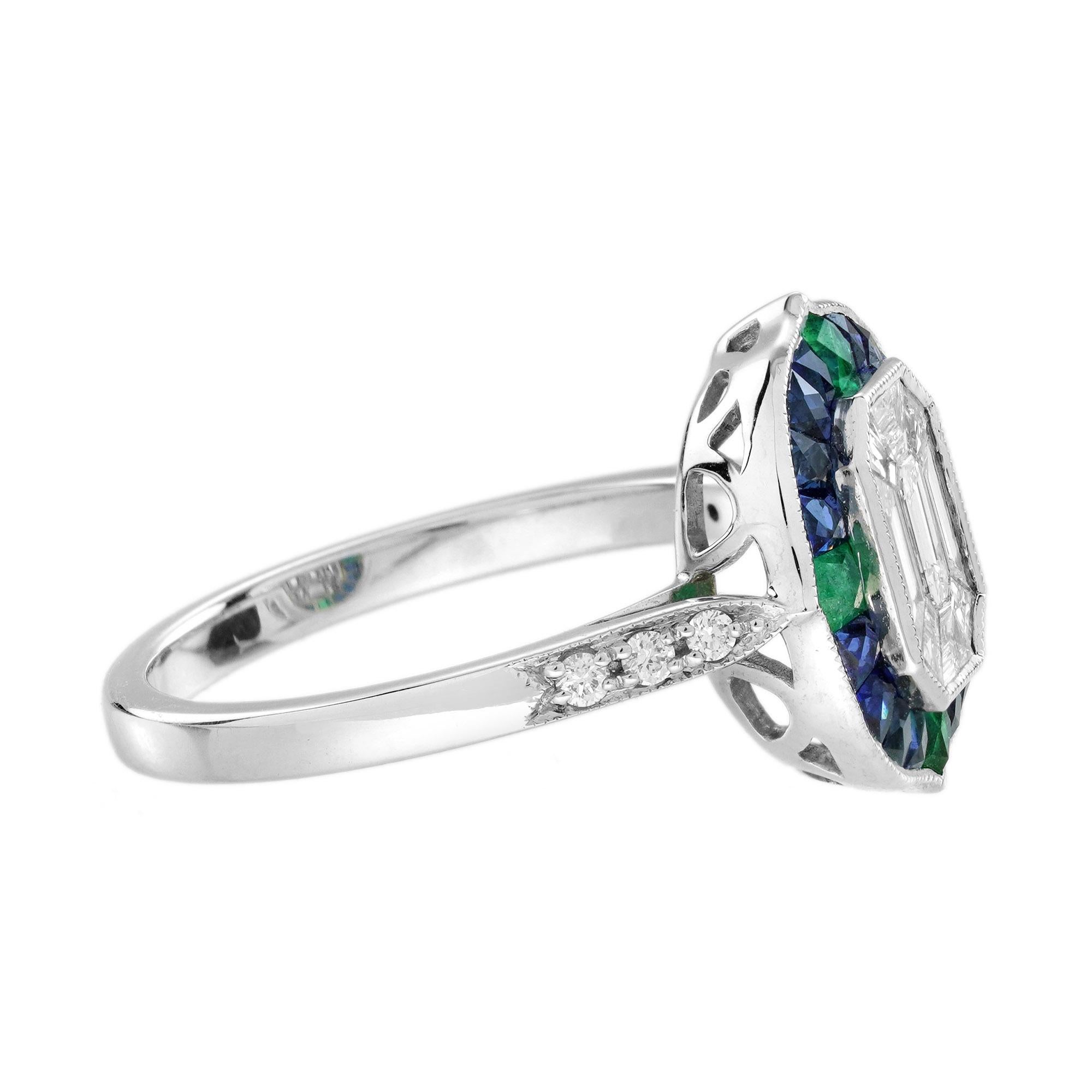 Illusion Setting Diamond Emerald Sapphire Engagement Ring in 18k White Gold For Sale 2