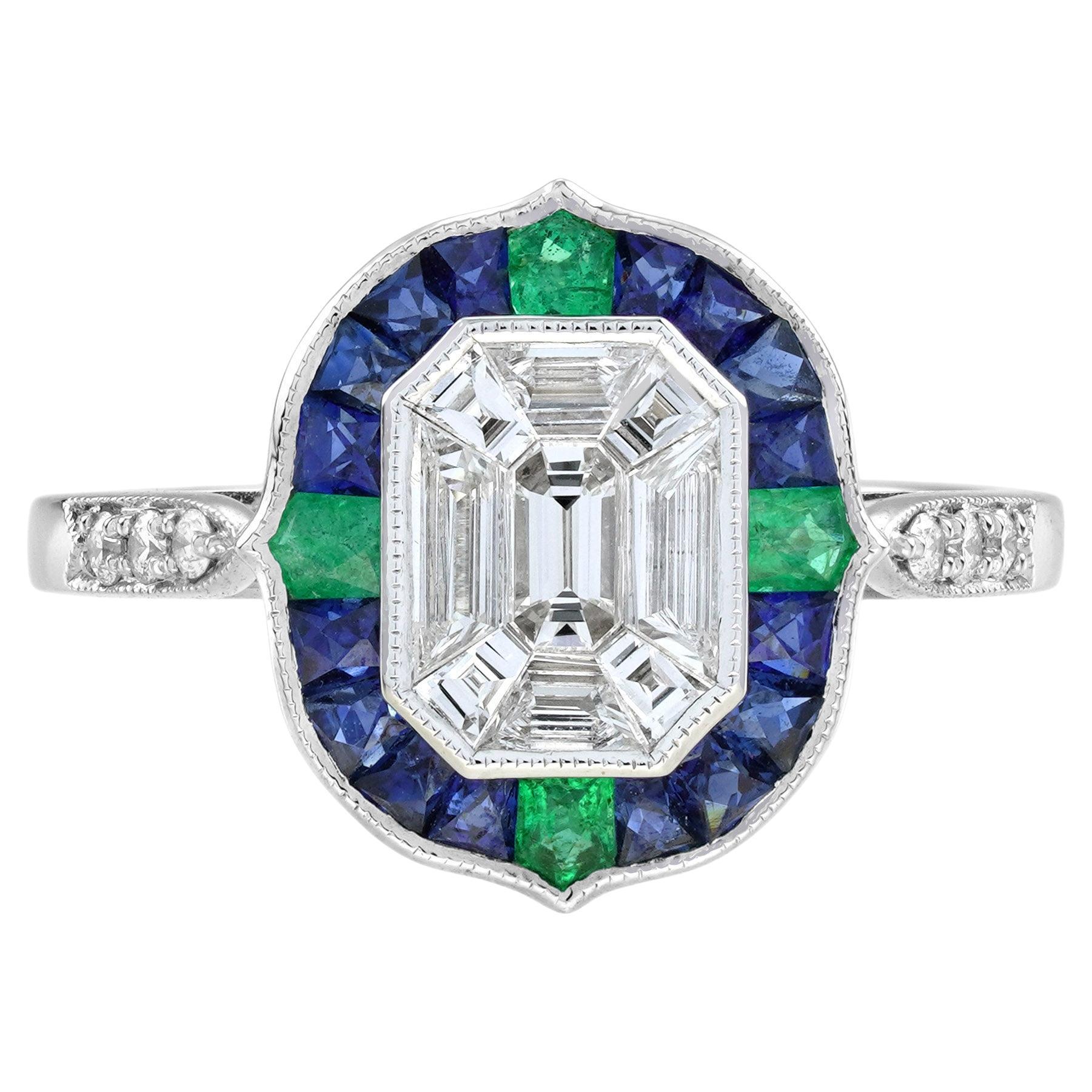 Illusion Setting Diamond Emerald Sapphire Engagement Ring in 18k White Gold For Sale