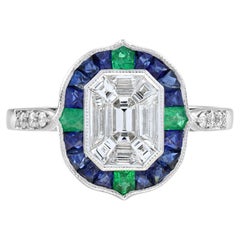 Illusion Setting Diamond Emerald Sapphire Engagement Ring in 18k White Gold