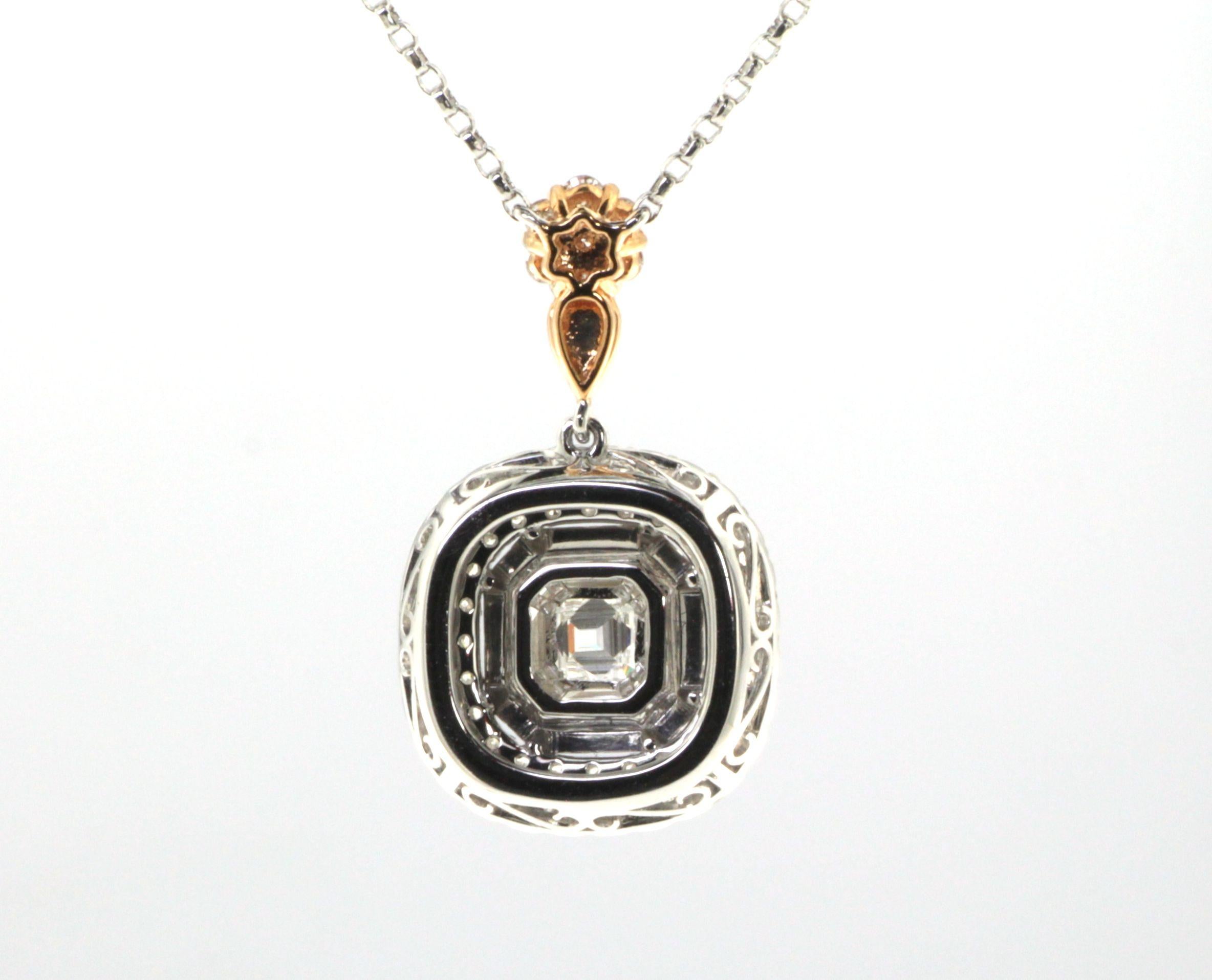 This pendant features 0.77 carat illusion setting diamond pie in the center. The diamond pie is set into two diamond halos totaling 0.60 carat. Pendant is set in 18 karat rose and white gold. The chain length is 16 inch. Pendant Dimension is 0.55