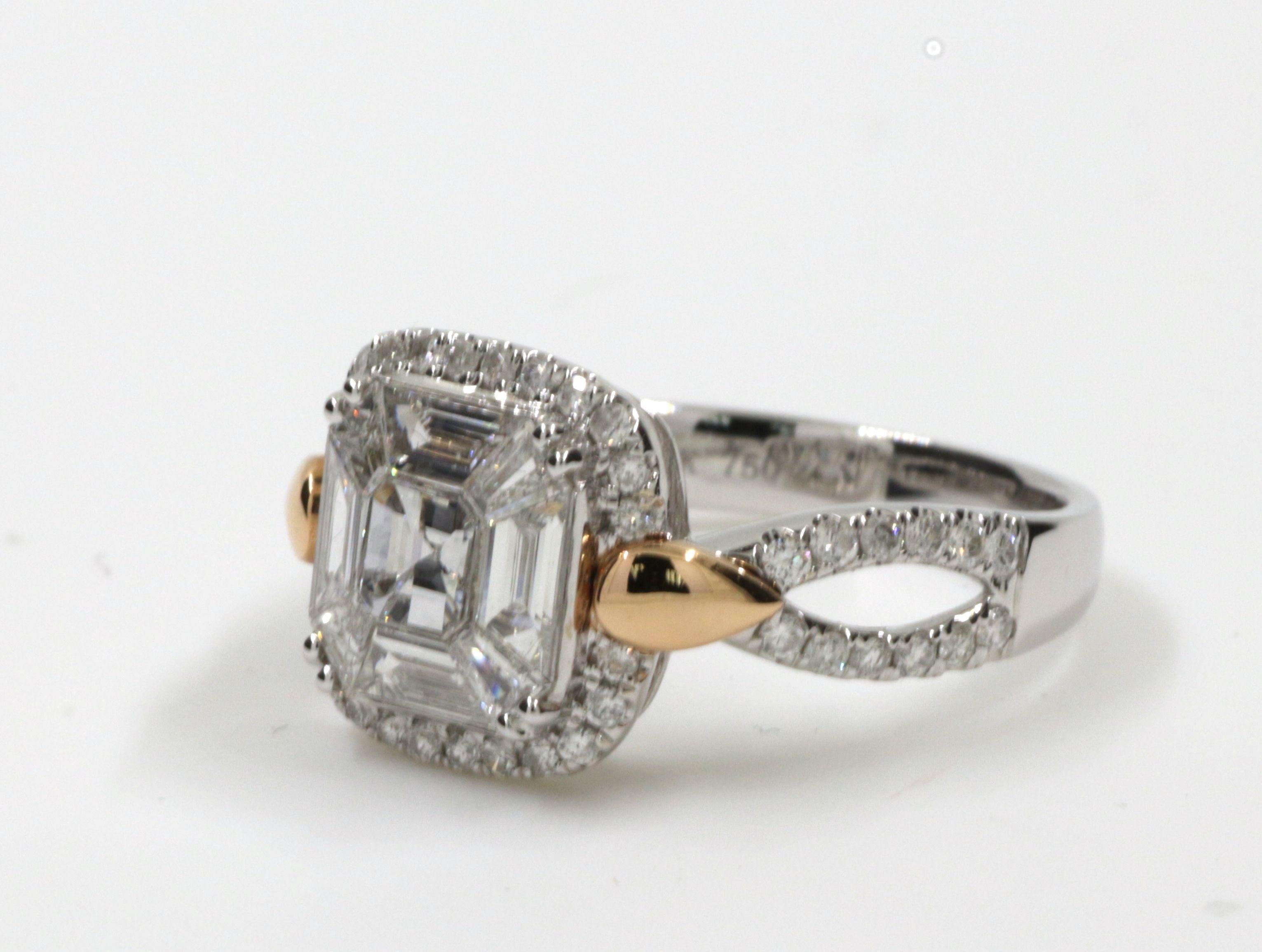 Taille mixte Bague à monture illusion en or blanc et rose 18 carats avec diamants en vente