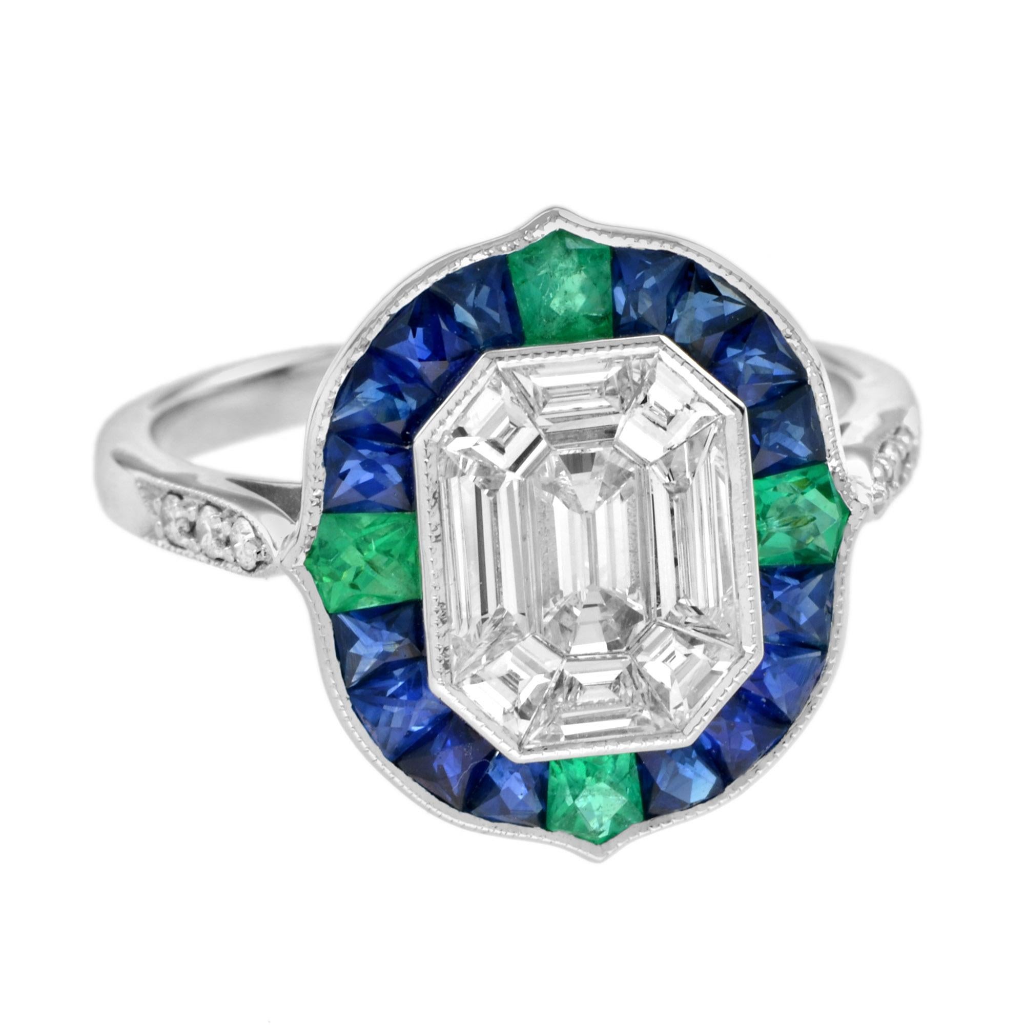 For Sale:  Illusion Setting Diamond with Sapphire Emerald Art Deco Style Ring in 18k Gold 4