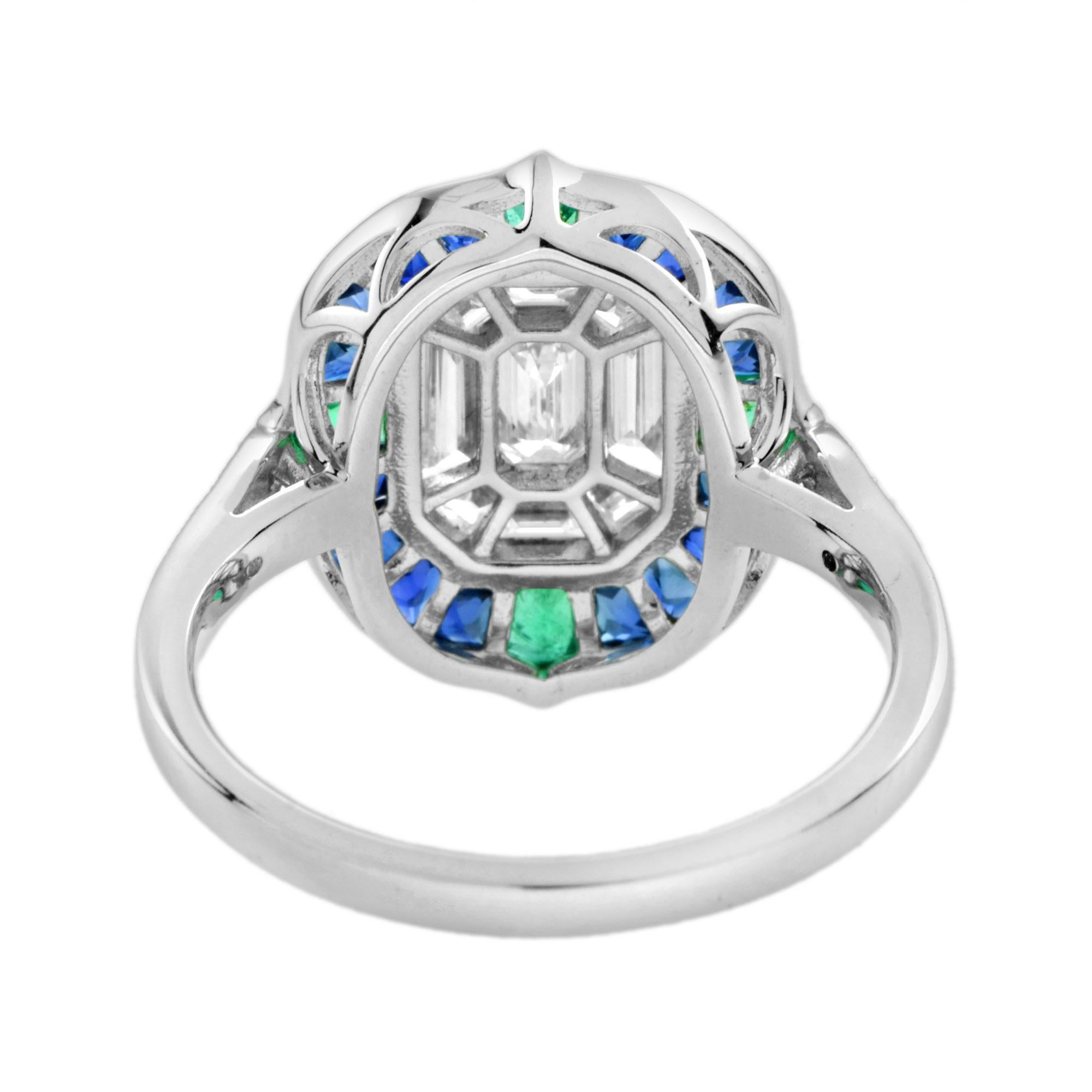 For Sale:  Illusion Setting Diamond with Sapphire Emerald Art Deco Style Ring in 18k Gold 6